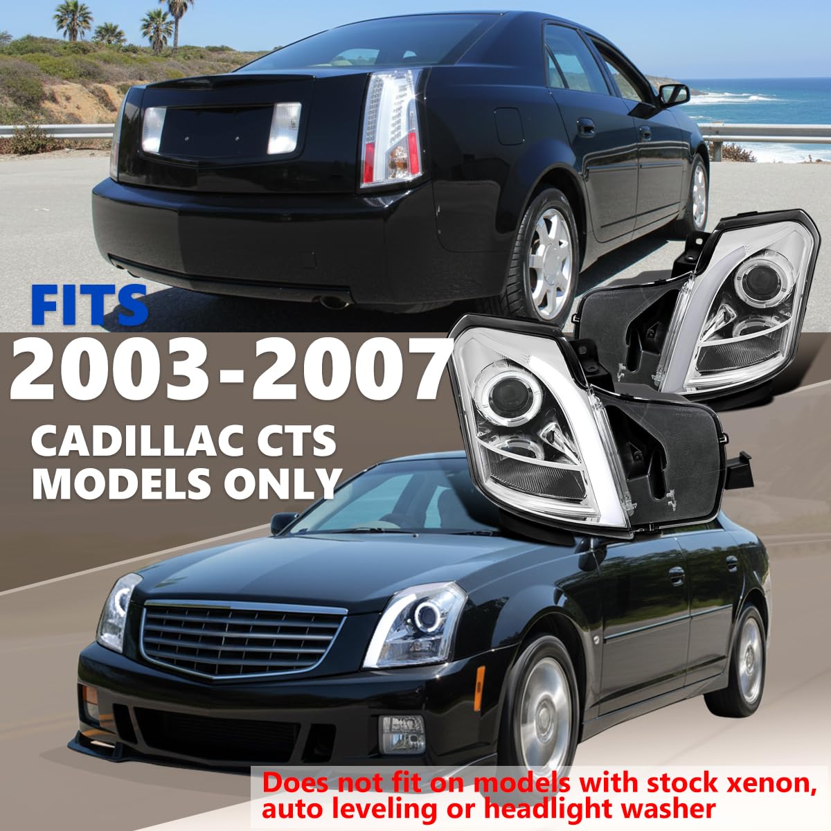 Chrome Halo Projector Headlights SPEC-D TUNING w/Switchback LED Signal Tube Compatible with 2003-2007 Cadillac CTS, Left + Right Pair Headlamps Assembly