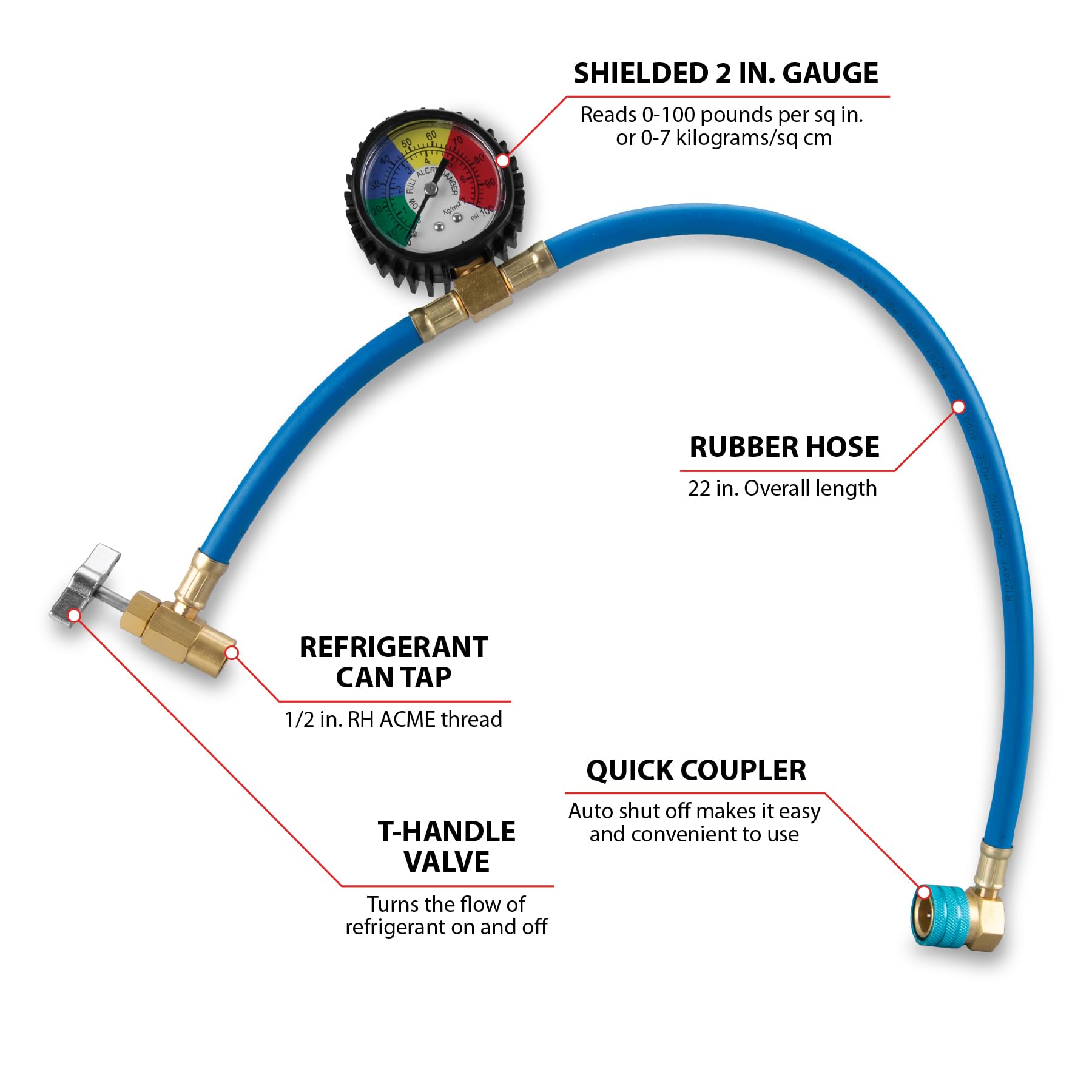 Self-Sealing Performance Tool W83139 R1234YF Refrigerant Can Recharging Hose and Gauge