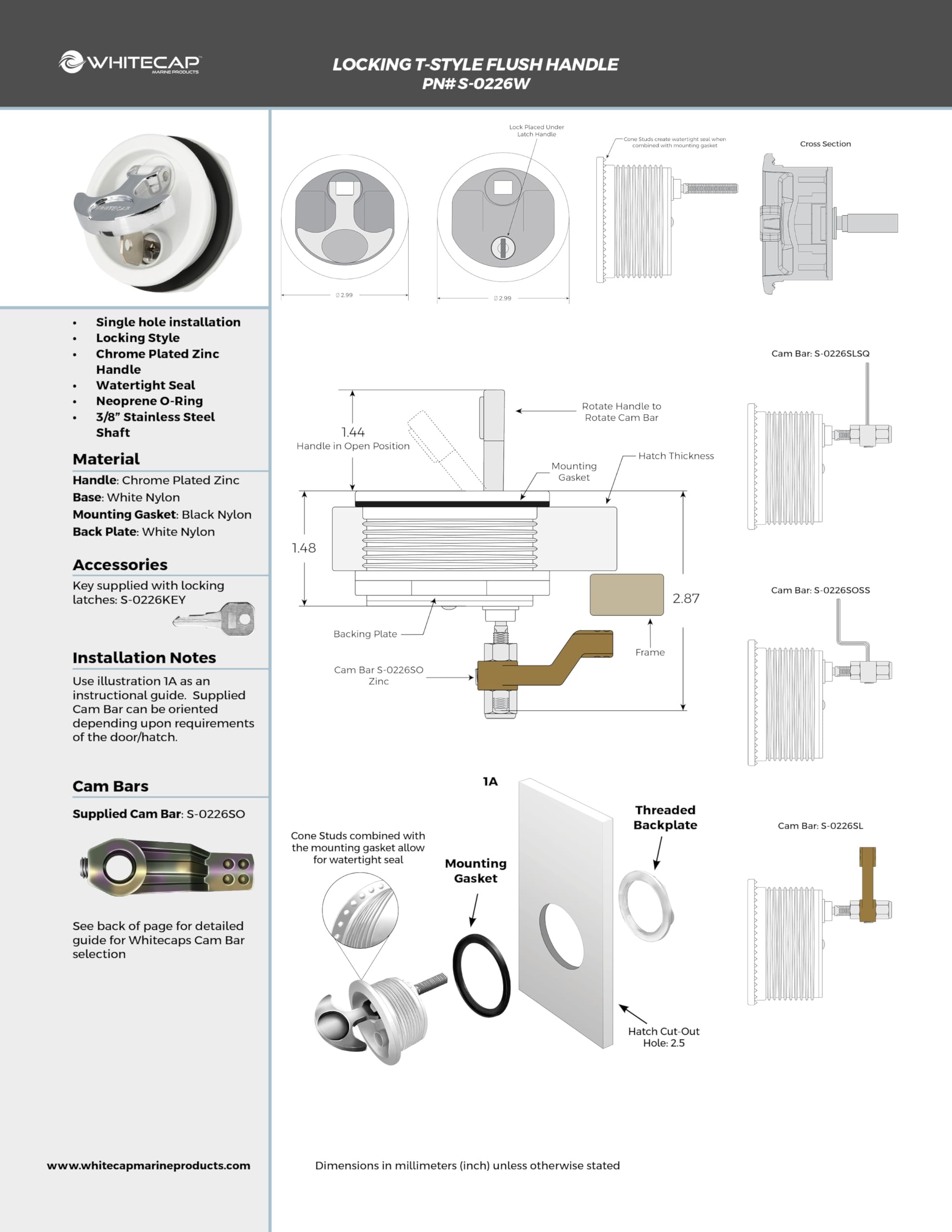 S-0226WC Whitecap T-Handle Latch with Keyed Lock - White-Chrome Plated