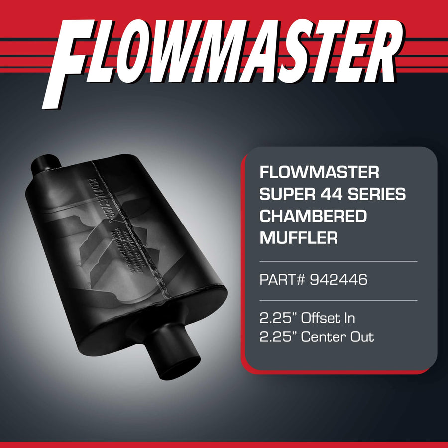 Flowmaster Super 44 Muffler Series – 2.25” - Offset In/Center Out – Aggressive Sound – 16 Gauge Aluminized Steel – For Classic & Late Muscle Cars, Street Rods, Trucks, SUVs (942446)