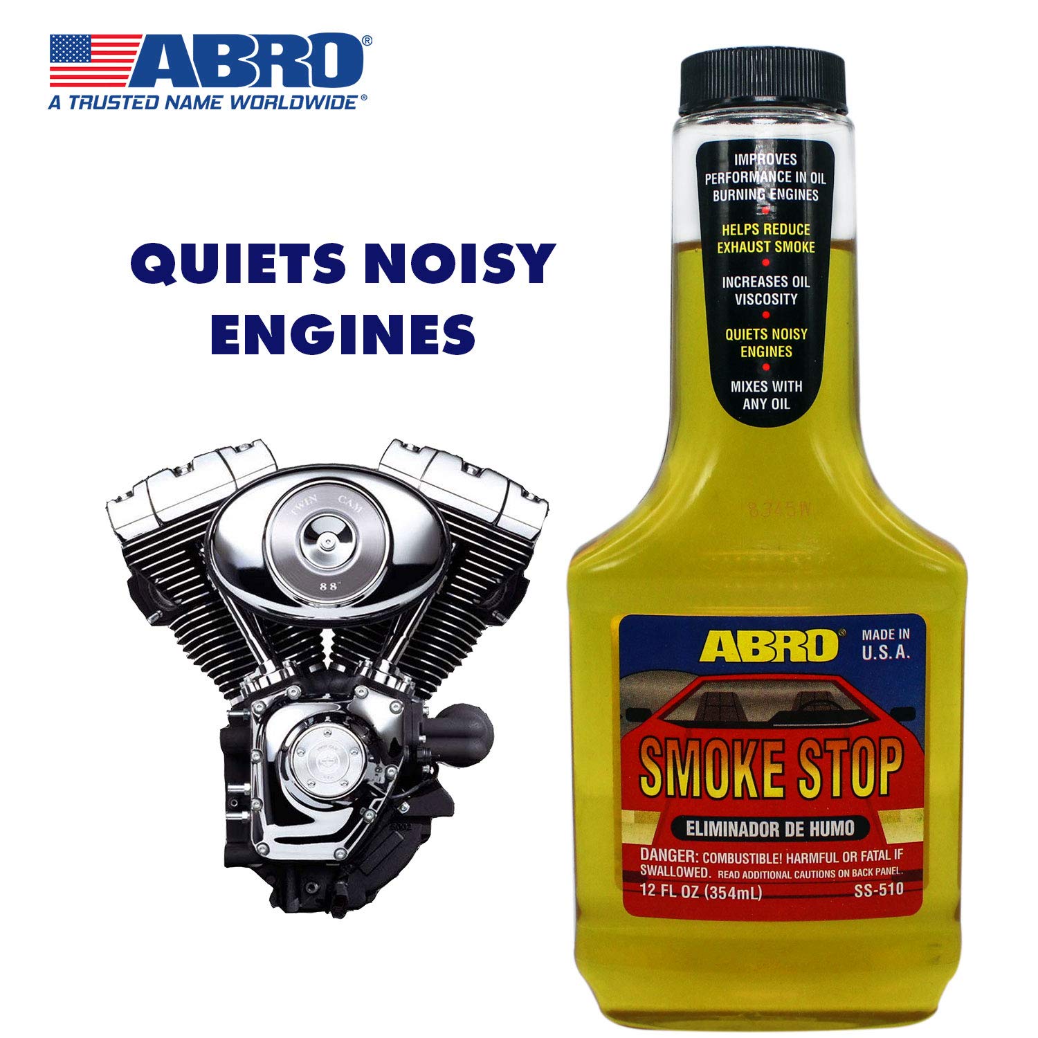 Smoke Stop ABRO, 12 Oz., Halt Exhaust Smoking & Crankcase Gases, Boost Engine Life, Increases Oil Viscosity for Better Compression, Reduce Smoke, Silence Engines, Mixes with Any Oil