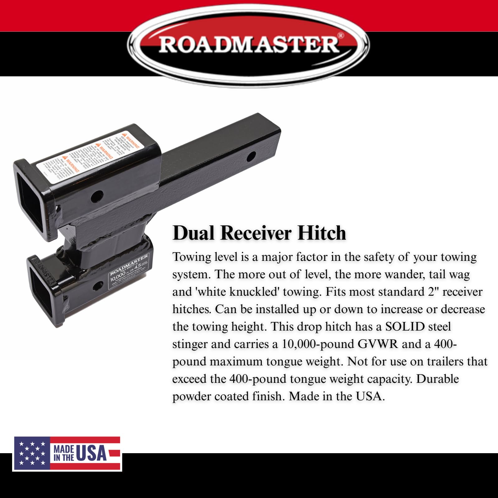 Dual Receiver Hitches Roadmaster 077-4 with 2" Top and 4" Bottom Offset fits 2" Receiver Hitch | 10,000 lbs Towing Capacity | 400 lbs Max Tongue Weight | Durable Powder Coat Finish | Made in The USA