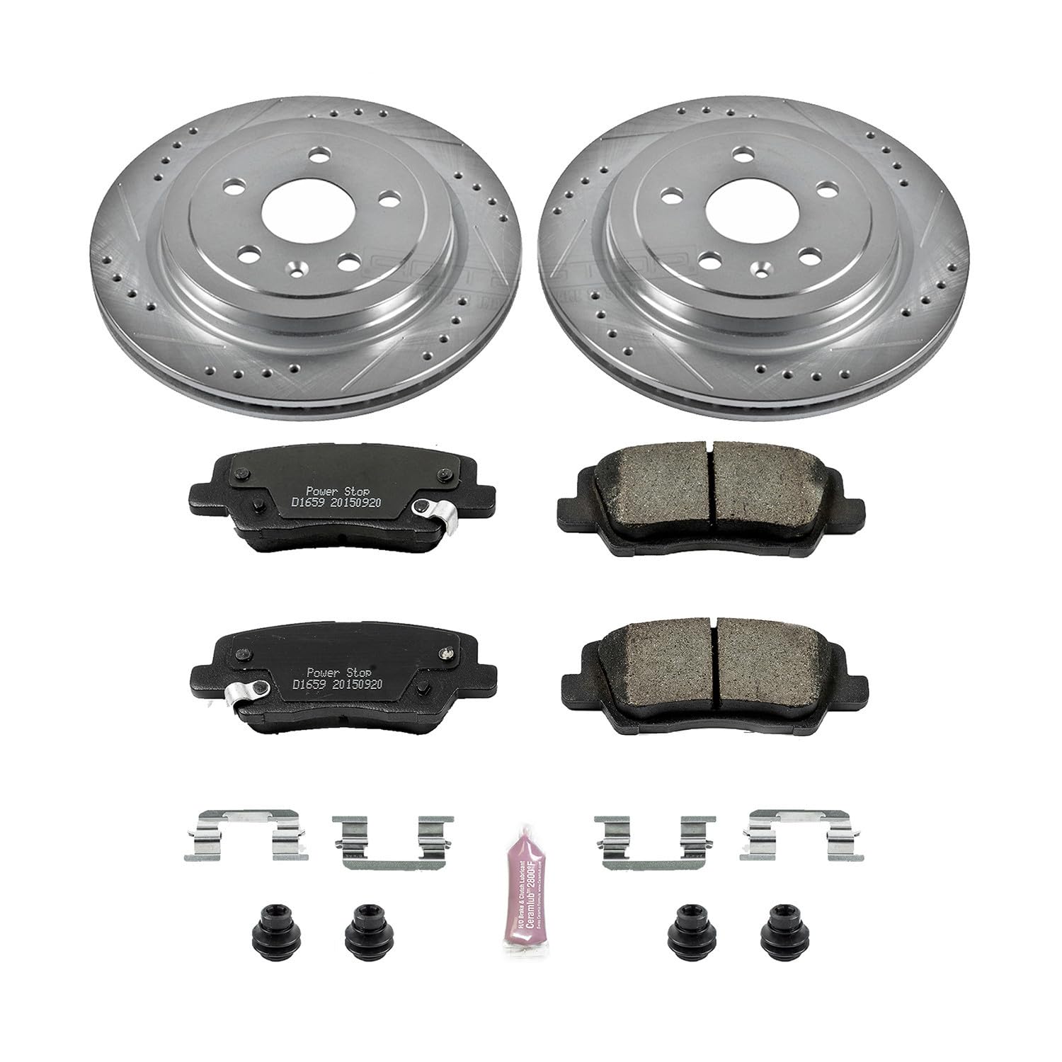 Power Stop K6991 Z23 Carbon Fiber Brake Pads Rear with Drilled & Slotted Brake Rotors Kit For Cadillac CTS 2014-2019 [Model Specific]