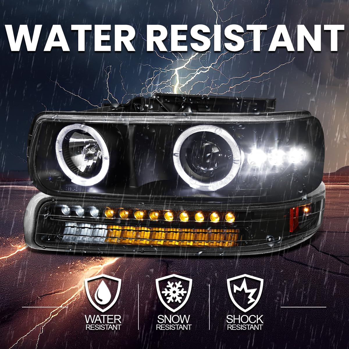 Black LED Halo Projector Headlights + LED Bumper Lights SPEC-D TUNING Compatible with 1999-2002 Chevy Silverado 1500 2500 3500, Left + Right Pair Headlamps Assembly