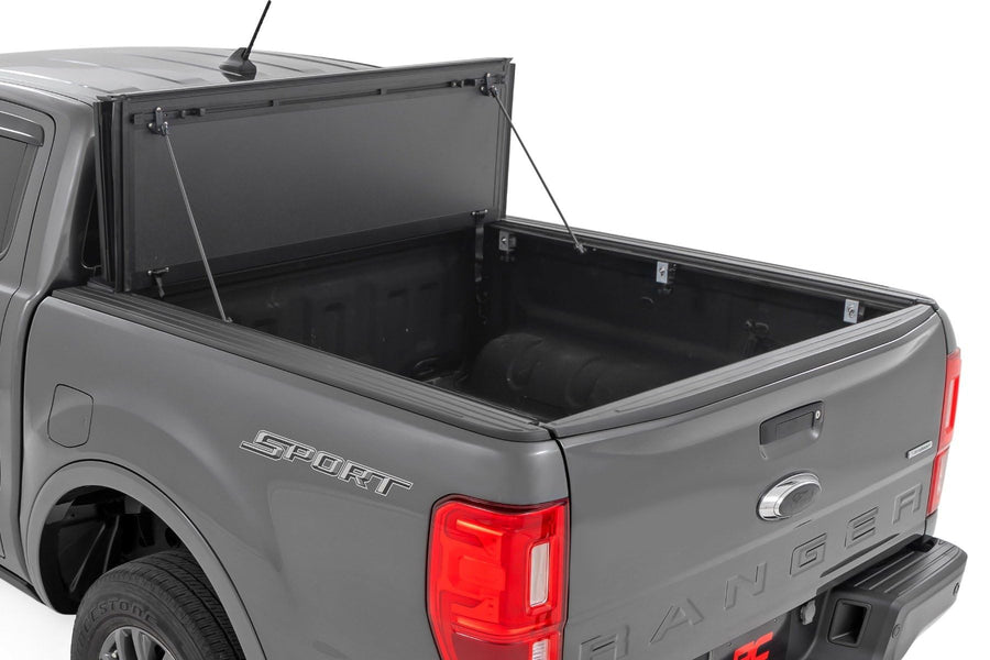 Rough Country Hard Truck Bed Flip Up Cover for Ford Ranger (2019-2023) - Fits 5' (61") Bed, Weather-Resistant, Tri-Fold Aluminum Panels