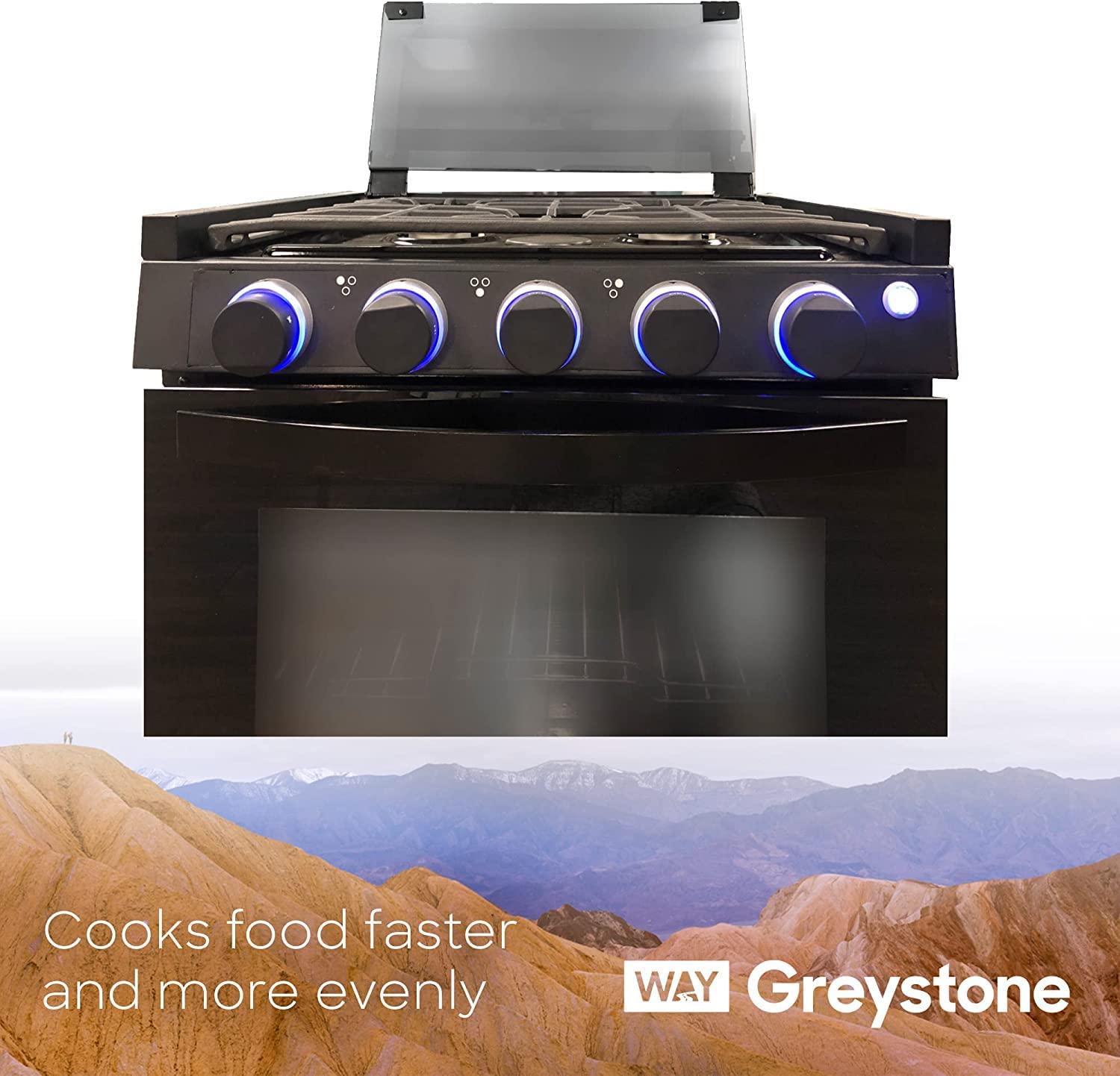 12 Volt RV Gas Range and Cooktop, Greystone Stove and Oven Combo, 21 Inch, LP Gas, Black