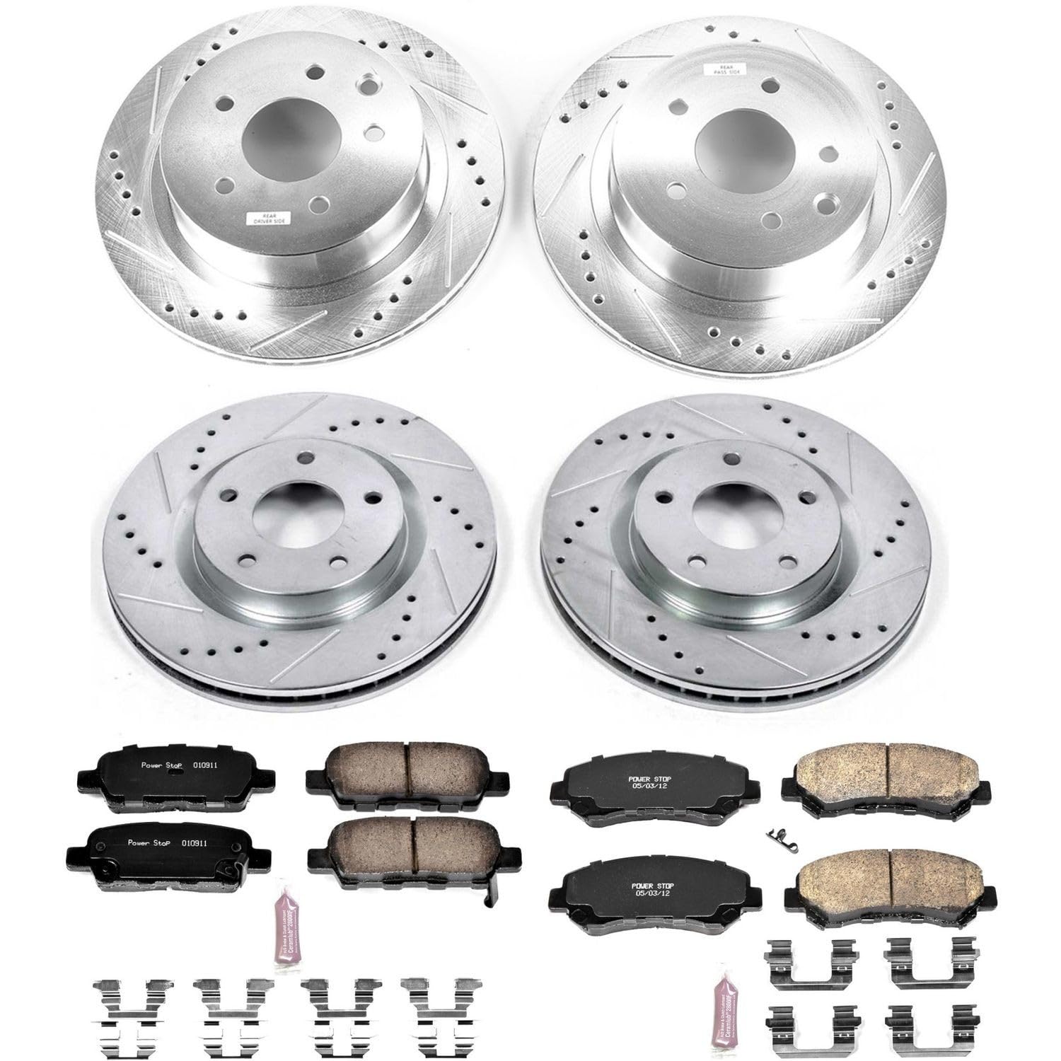 Power Stop K8268 Z23 Carbon Fiber Brake Pads Front and Rear with Drilled & Slotted Brake Rotors Kit For Nissan Rogue 2008-2013, Nissan Rogue Select 2014-2015 [Model Specific]