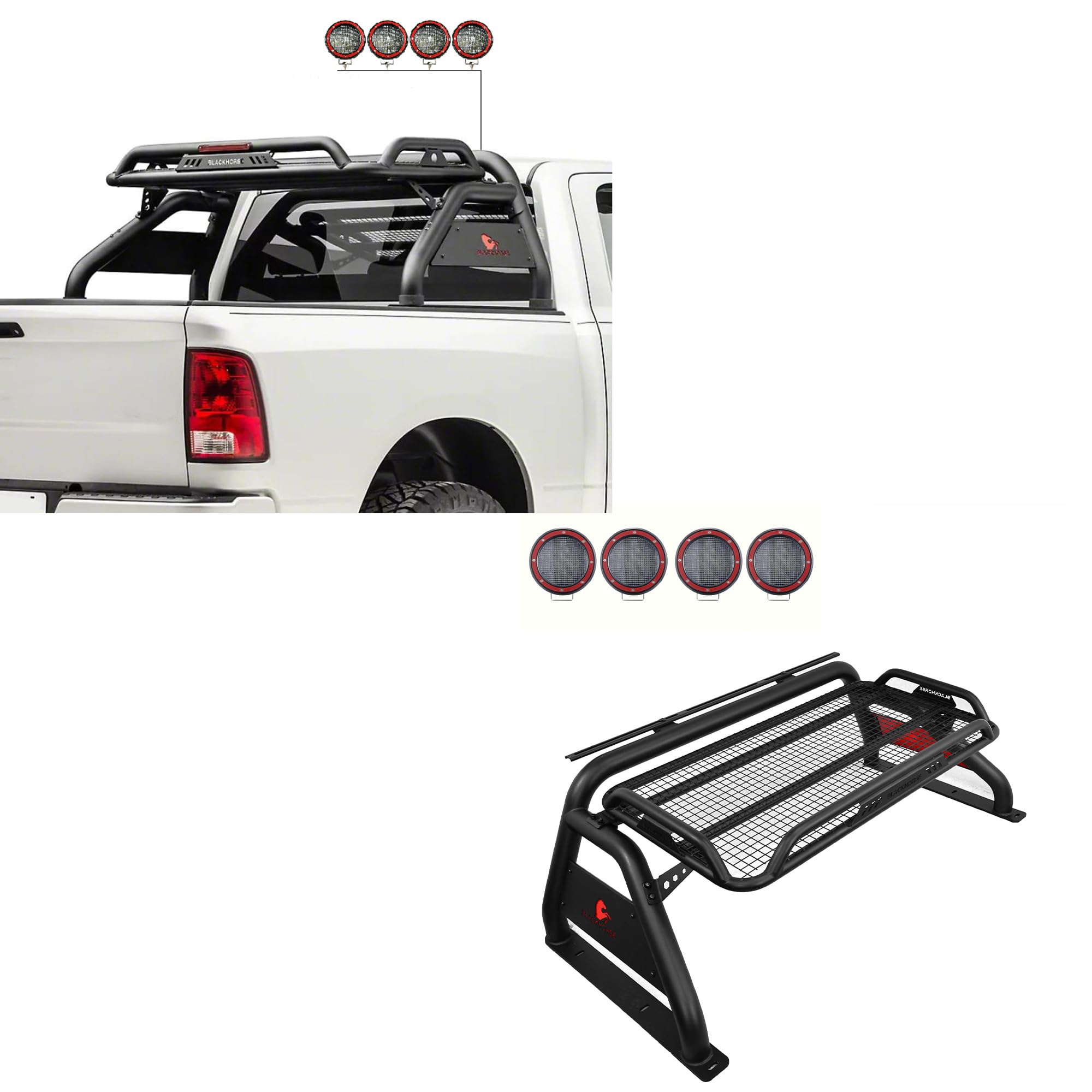 Atlas Black Horse Roll Bar Incl. Set of 5.3" Dia.Led Lights w/Red Trim Rings Compatible with 99-25 Ford F-250 Super Duty|99-25 Ford F-350 Super Duty|99-25 Ford F-450 Super Duty