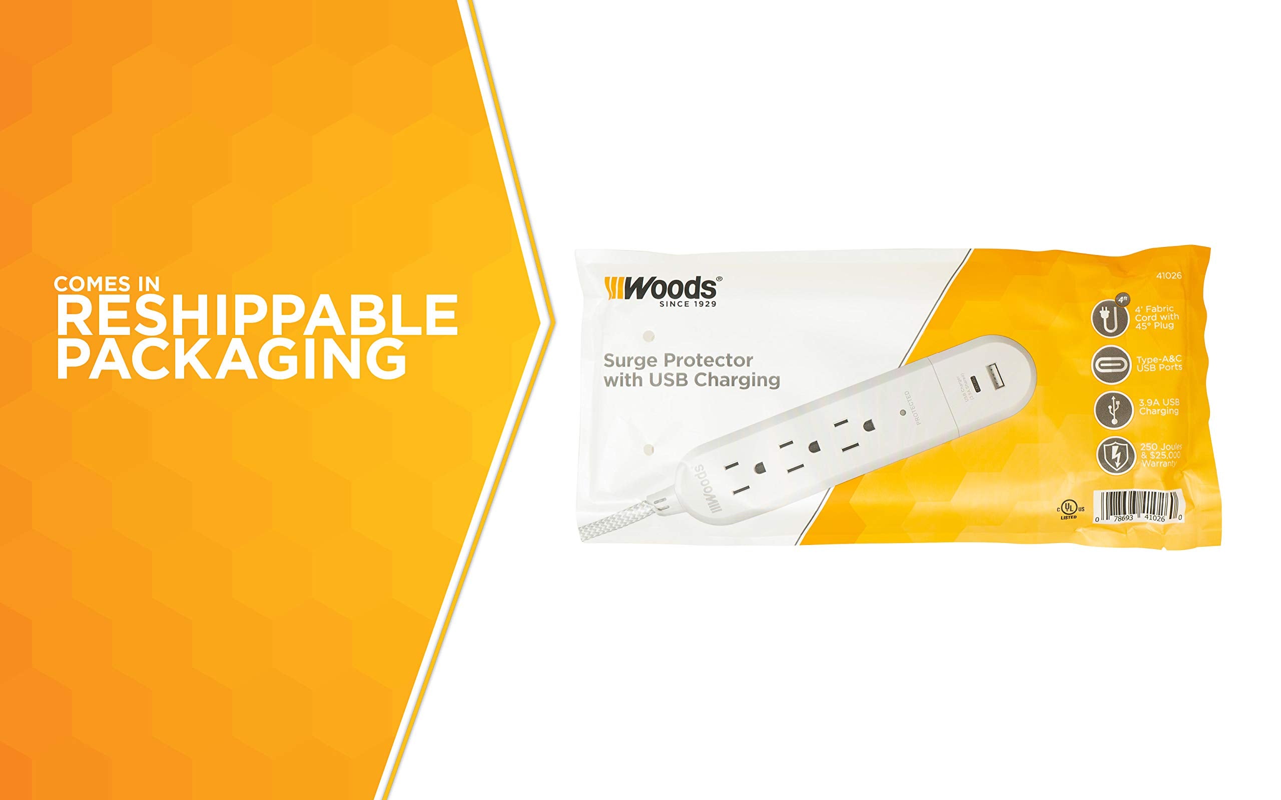 3-Outlet Surge Protector 41026 with 3.9A USB-A & USB-C Charger, 250 Joules of Surge Protection and 4' Braided Fabric Cord