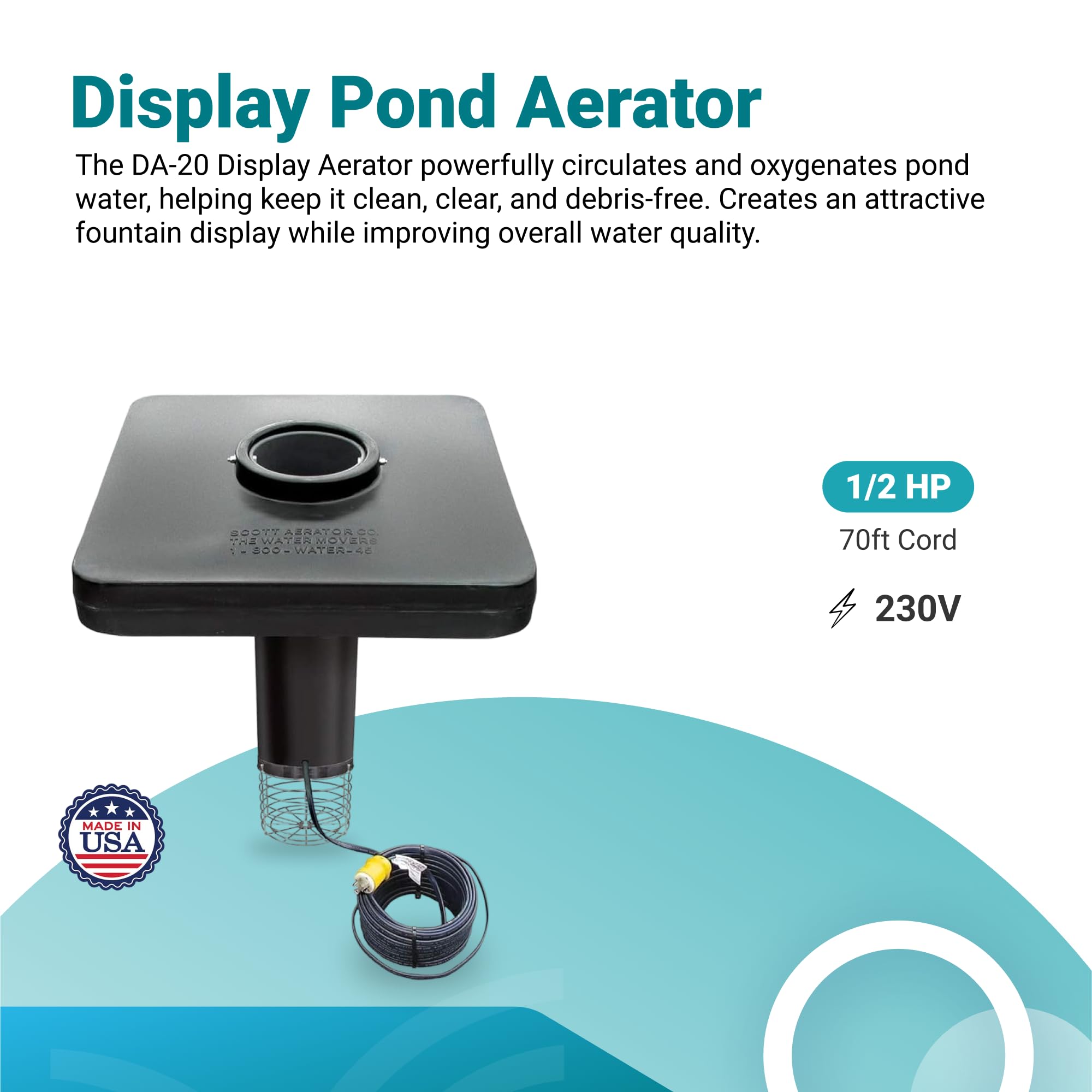 Scott Aerator DA-20 Pond Aerator Display – 1/2 Horse Power 230V 70ft Cord | Aerating Pond Fountain | Pond Pump for Small Ponds | Pond Aeration System | Made in USA