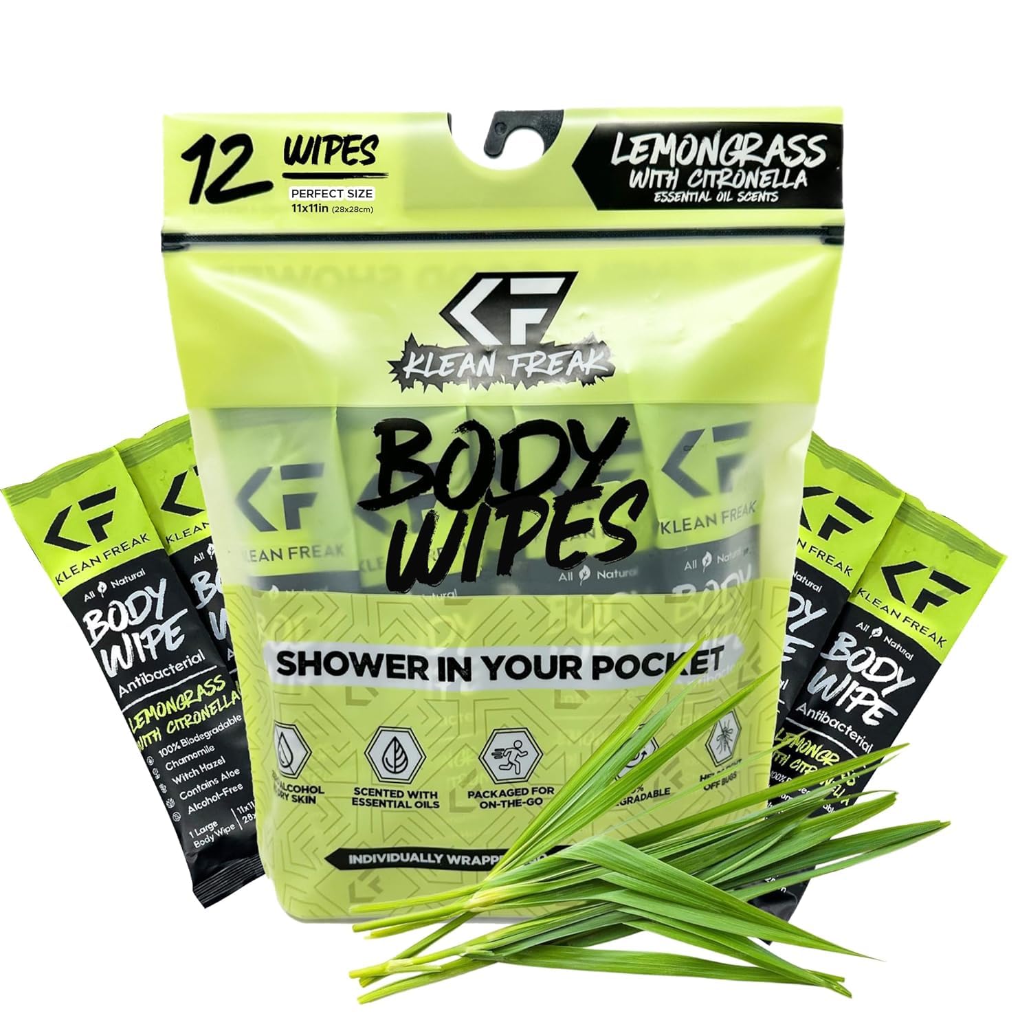 The Klean Freak Body Wipes - Individually Wrapped 12 count | Showerless Body Wipe for Women & Men | Sustainable Bodywipes for Gym, Travel, Camping | Lemongrass Citronella
