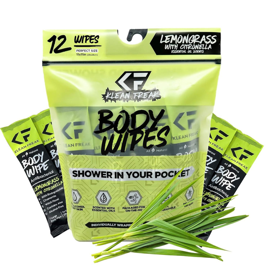 The Klean Freak Body Wipes - Individually Wrapped 12 count | Showerless Body Wipe for Women & Men | Sustainable Bodywipes for Gym, Travel, Camping | Lemongrass Citronella