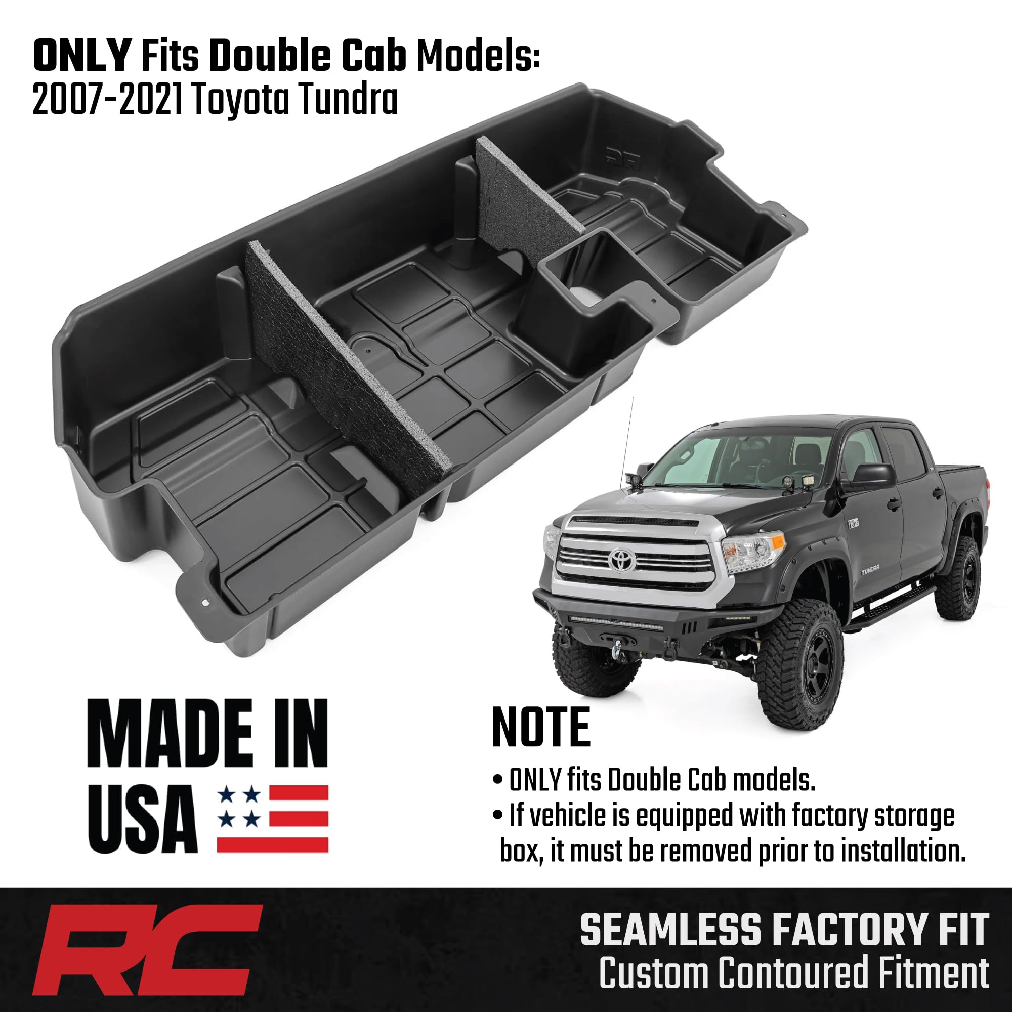 Rough Country Under Seat Storage for Double Cab Toyota Tundra (2007-2021) - Custom-Fit Rear Underseat Tray Organizer, Secure Hidden Storage Box for Tools & Gear