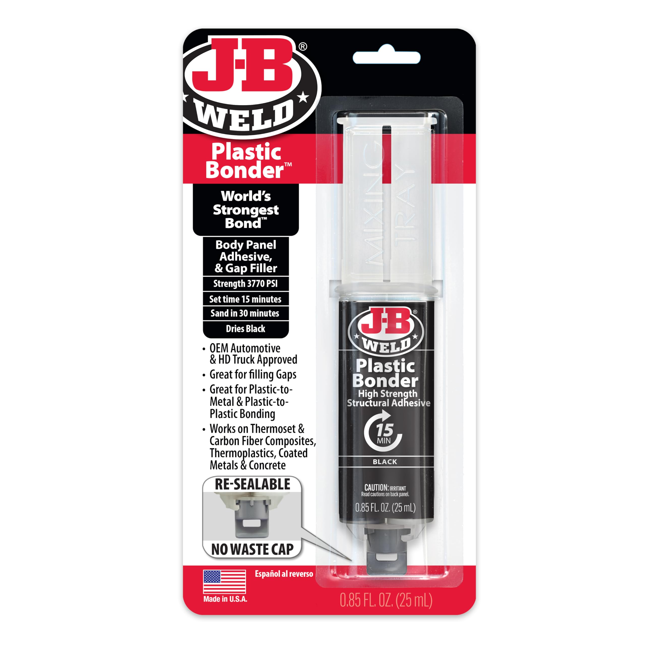 J-B Weld Plastic Bonder 50139 Body Panel Adhesive and Gap Filler Syringe - Black - 25 ml