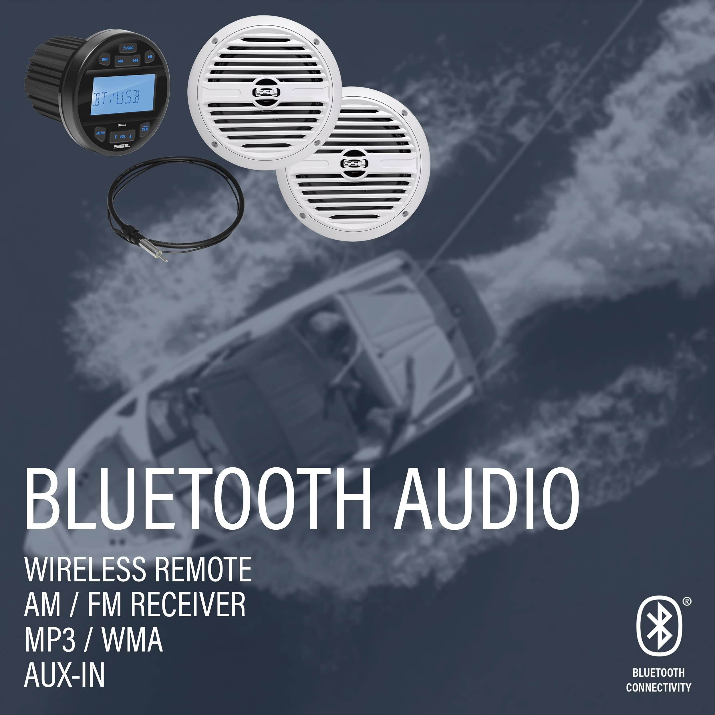 Sound Storm Laboratories Marine Boat Stereo SGR3.62 Receiver & 6.5 Inh Speakers - Bluetooth Audio, No CD DVD Player, AM/FM Radio, IPX6 Weatherproof, Dipole Antenna, Built-in Amplifier