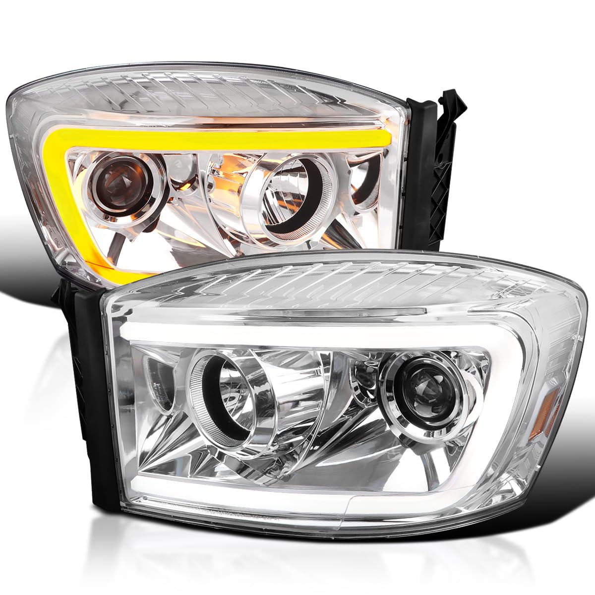 Chrome Projector Headlights SPEC-D TUNING w/Switchback LED Light Bar Compatible with 2006-2008 Dodge Ram 1500, 2500, 3500, Left + Right Pair Headlamps Assembly