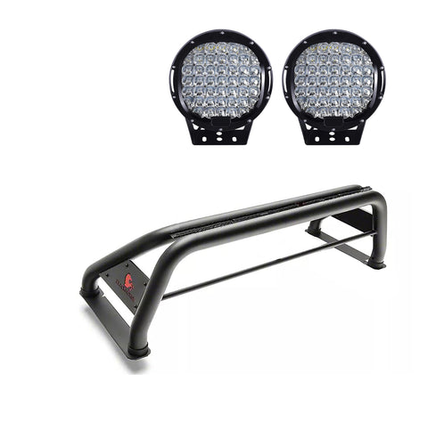 Black Classic Horse Roll Bar Incl.Set of 9 Black Round LED Light Compatible with 1999-2024 Ford F-250 Super Duty|1999-2024 Ford F-350 Super Duty|1999-2024 Ford F-450 Super Duty-RB015BK-PL69B
