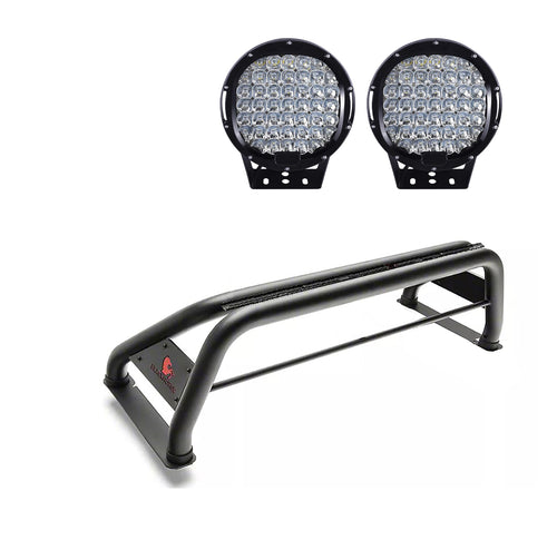 Black Classic Horse Roll Bar Incl.Set of 9 Black Round LED Light Compatible with 1999-2024 Ford F-250 Super Duty|1999-2024 Ford F-350 Super Duty|1999-2024 Ford F-450 Super Duty-RB015BK-PL69B