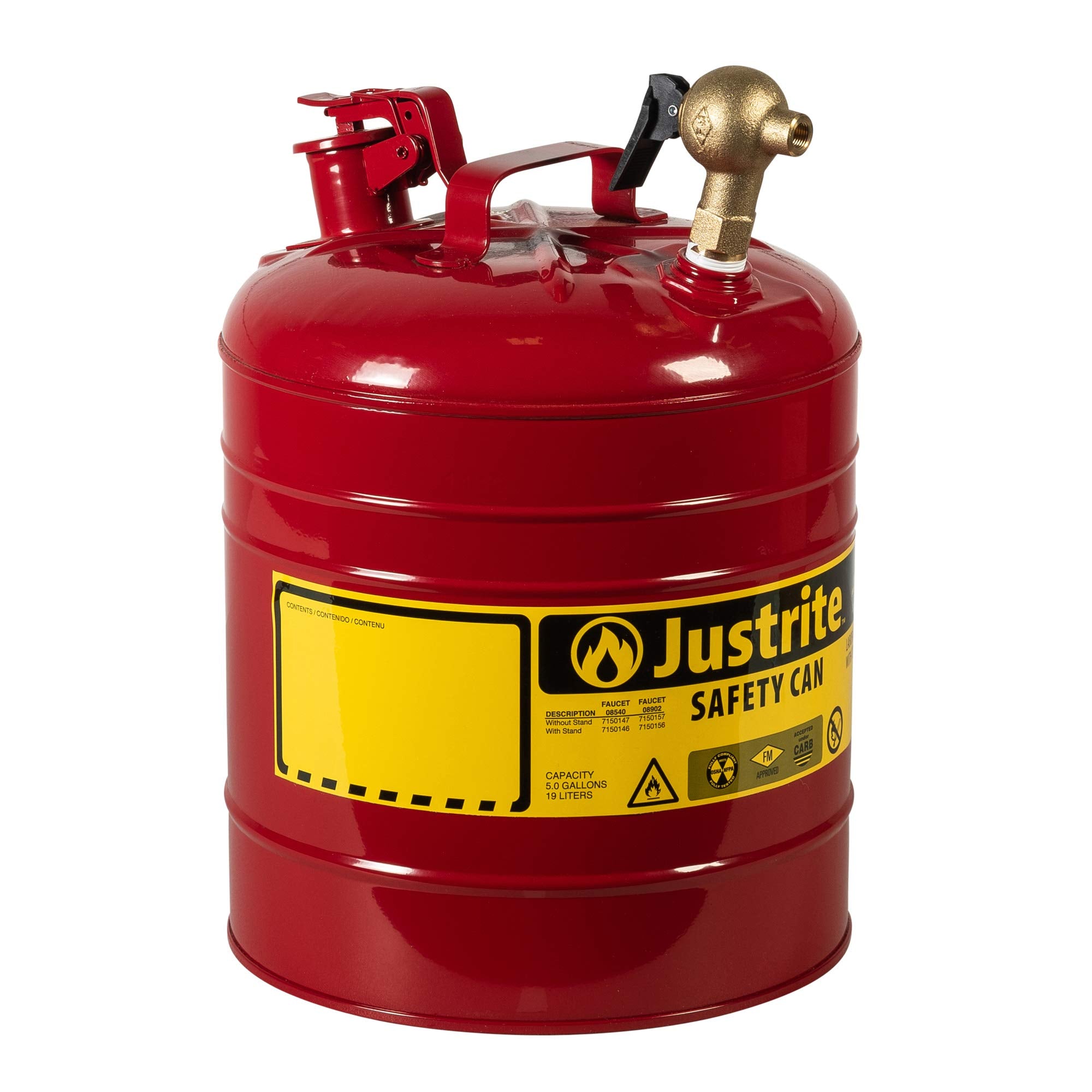 Laboratory Justrite 7150147 Type I Galvanized Steel Safety Can with Brass Control Flow Lab Safety Top Faucet, 5 Gallon Capacity, Red
