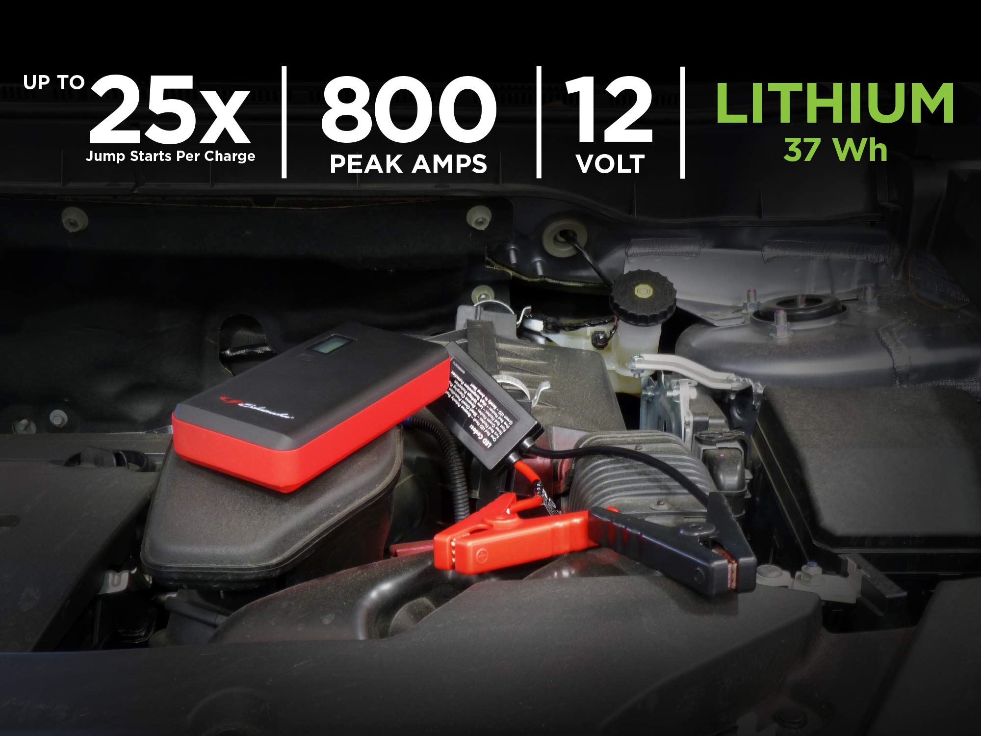Schumacher 800 Amp SL1327 12V Rechargeable Lithium Jump Starter Starts 8.0L - Gas - 6.0L - Diesel vehicles USB Power for Charging Phones/Tablets Auto Pre-Boost for Ultimate Cold Temp Starting