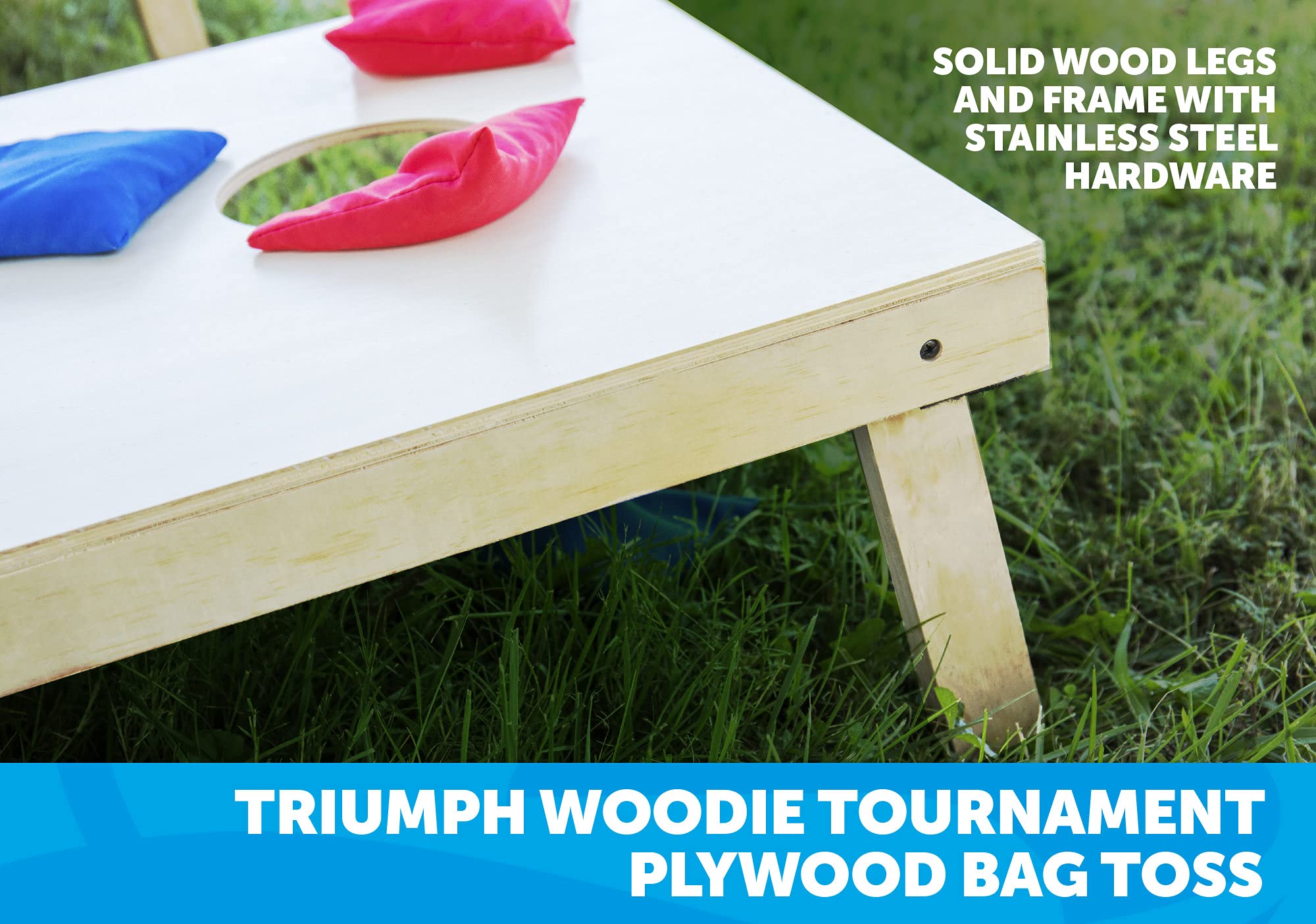 2x4 and 2x3 Triumph Sports Solid Wood Premium Cornhole Sets - Birch Veneer Plywood - Solid Wood Rear Legs - Interior Bag Storage - 8 Bags Included