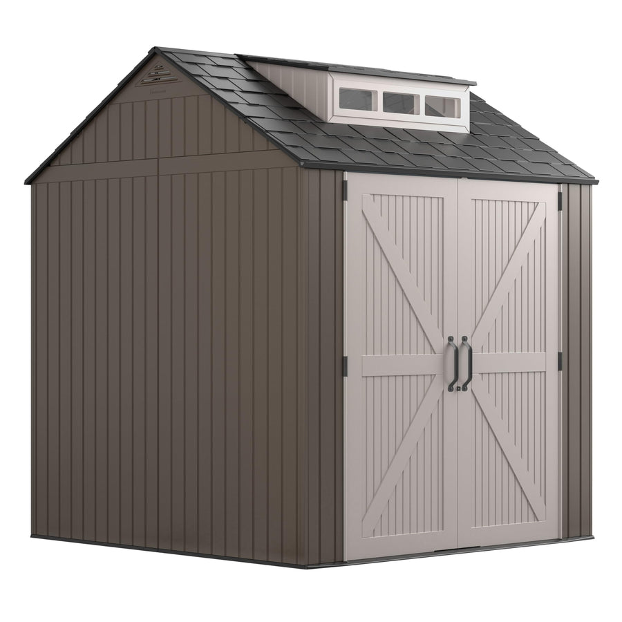 Rubbermaid Outdoor Large Resin Storage Shed With Floor (7 x 7 Ft.), Weather Resistant, Brown, Organization for Home/Lawn Mower/Backyard Equipment/Bike Storage/Pool Supplies
