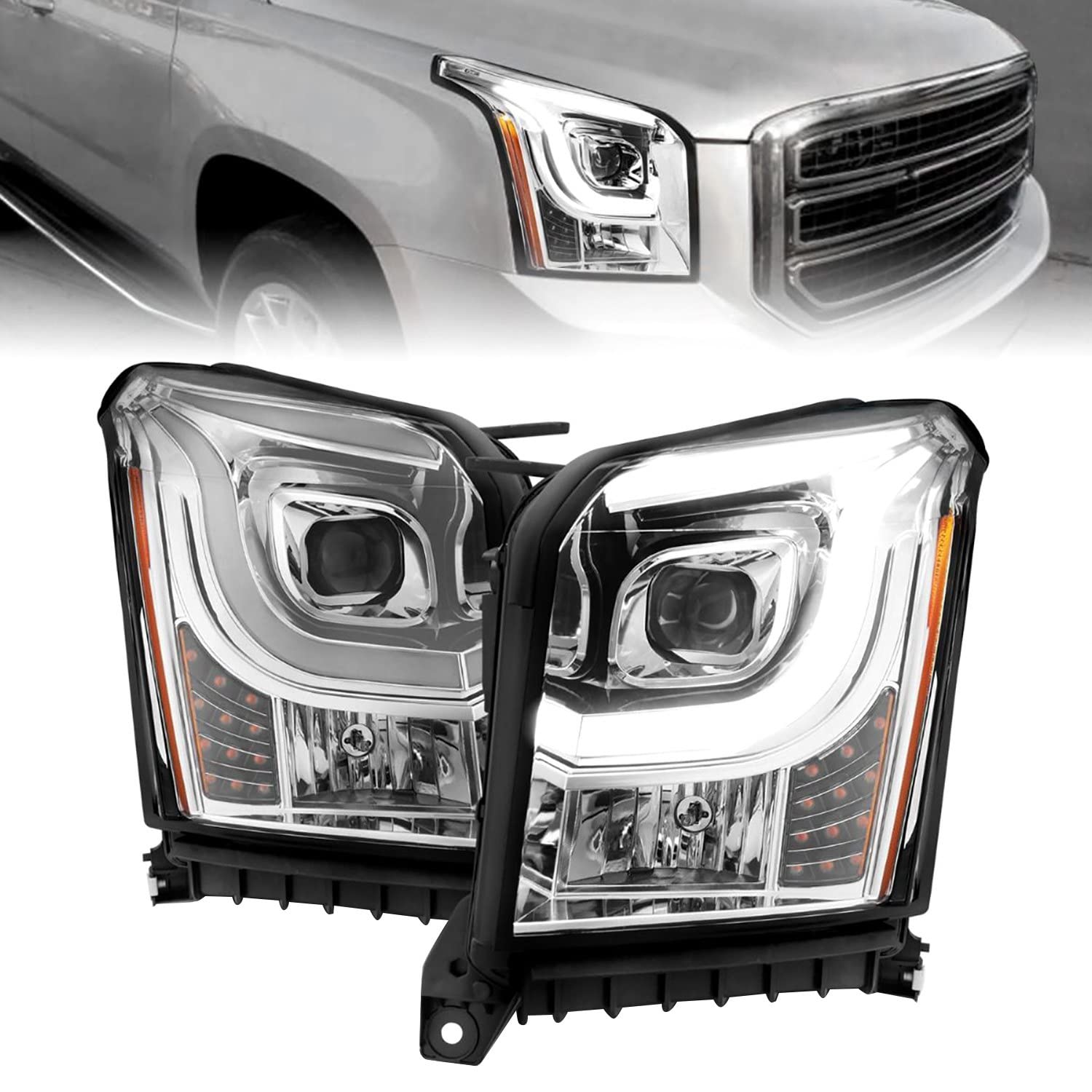 2015-2017 GMC Yukon XL Anzo USA Projector Headlights W Lightbar - Chrome/Amber (111536)