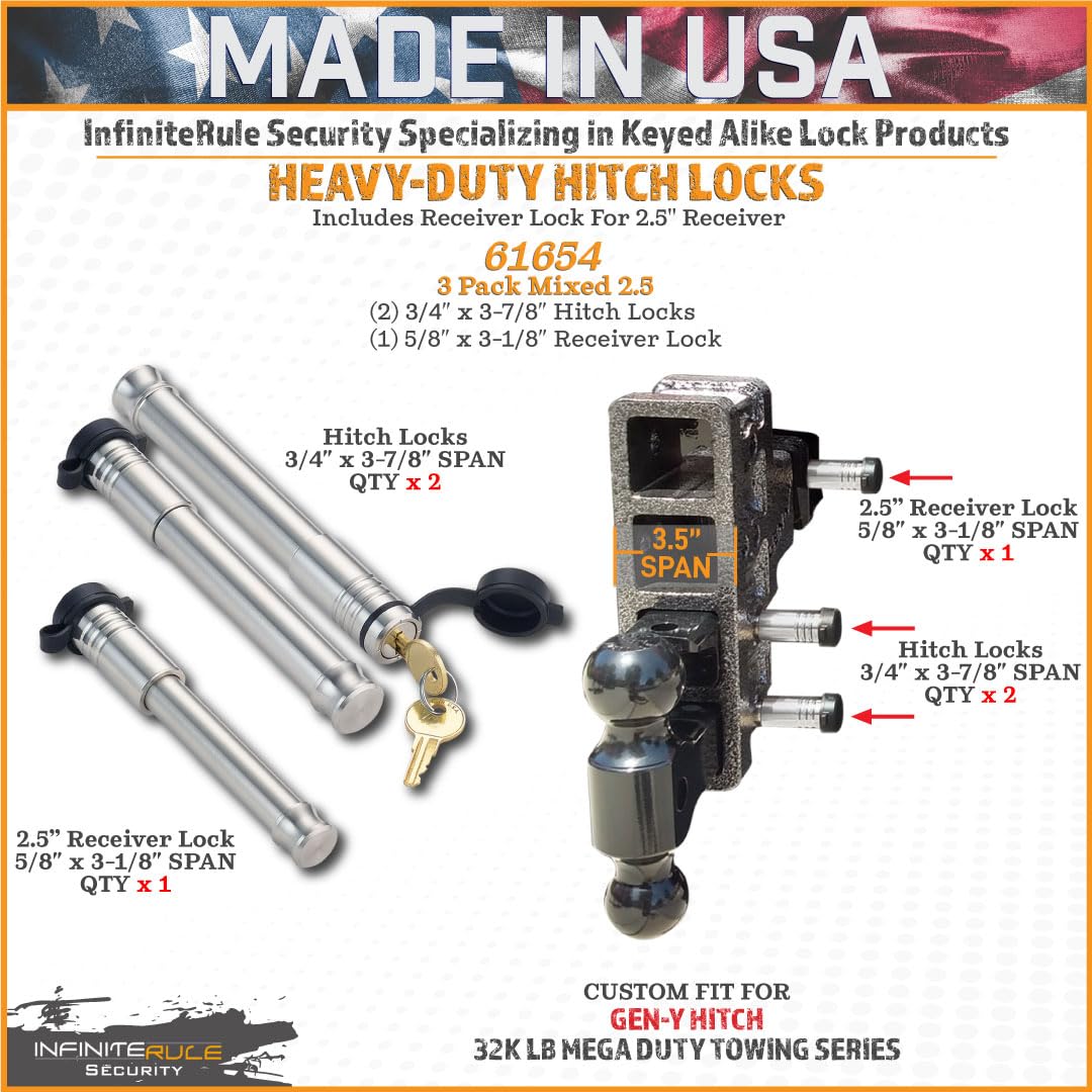 3 Pack Mixed Hitch Locks for Gen-Y Hitch Mega Duty 32K LB Series, Keyed Alike - Includes Lock for 2.5" Receiver