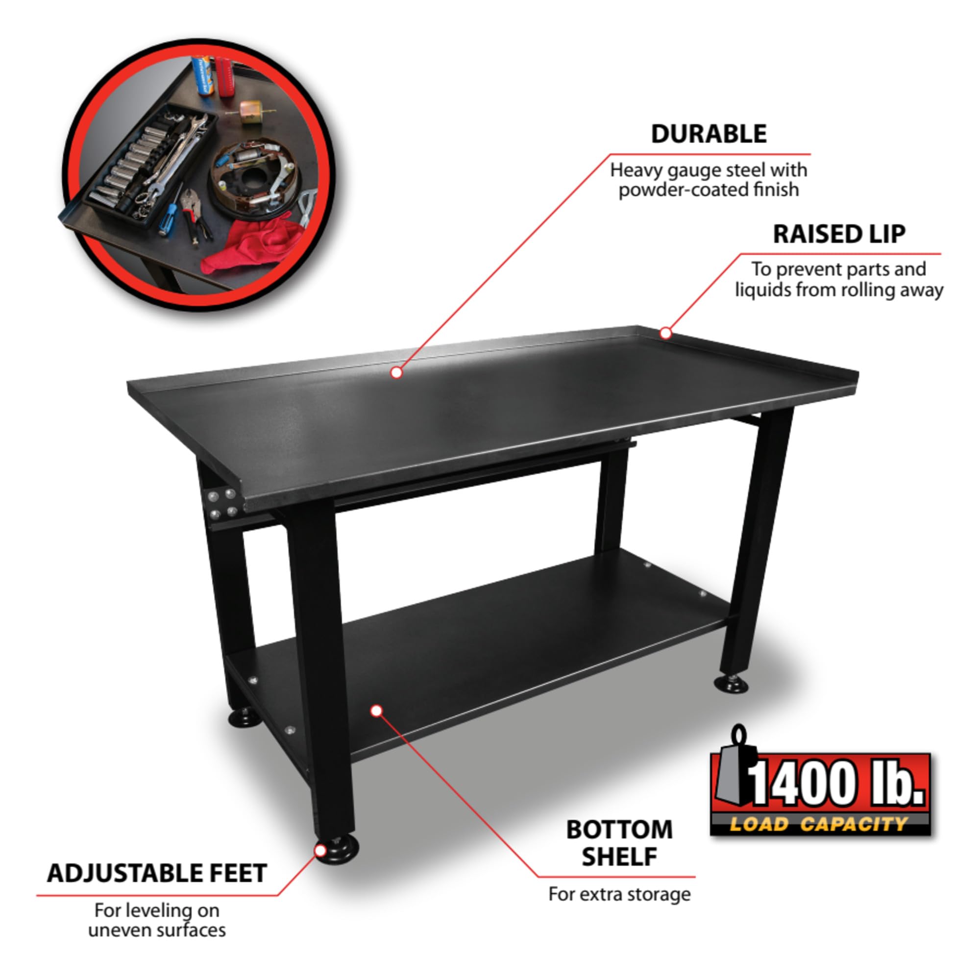 Heavy Duty Performance Tool W54991 Shop Table, Powder-Coated Steel, Bottom Shelf, 1400 Lb. Capacity, Black