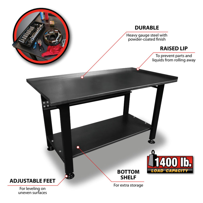 Heavy Duty Performance Tool W54991 Shop Table, Powder-Coated Steel, Bottom Shelf, 1400 Lb. Capacity, Black