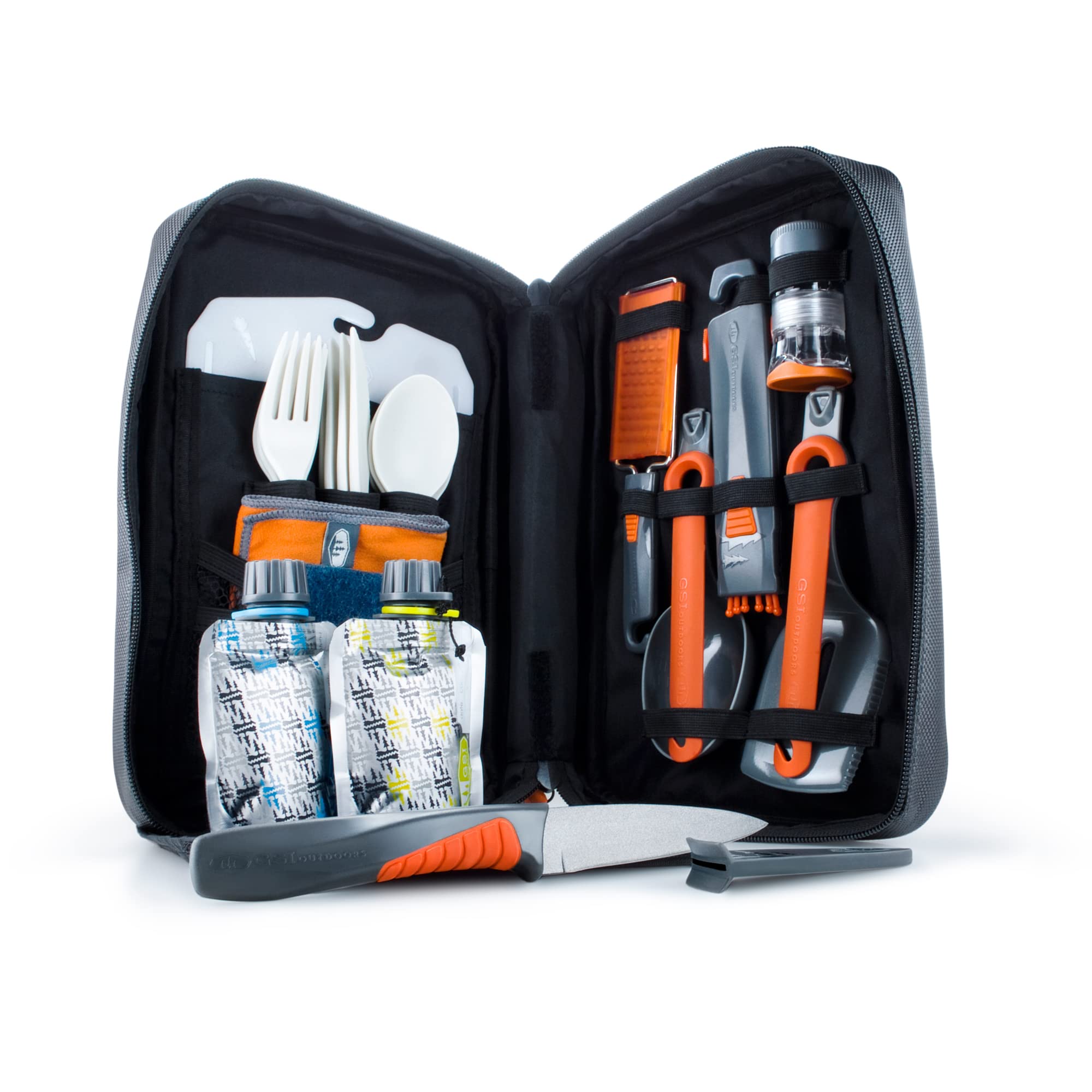 GSI Outdoors Kitchen Destination Set 24‑Piece, Full Camp Kitchen Kit, Cutlery for Persons, Pivot Tools, Spice Shakers & Carry Travel Case