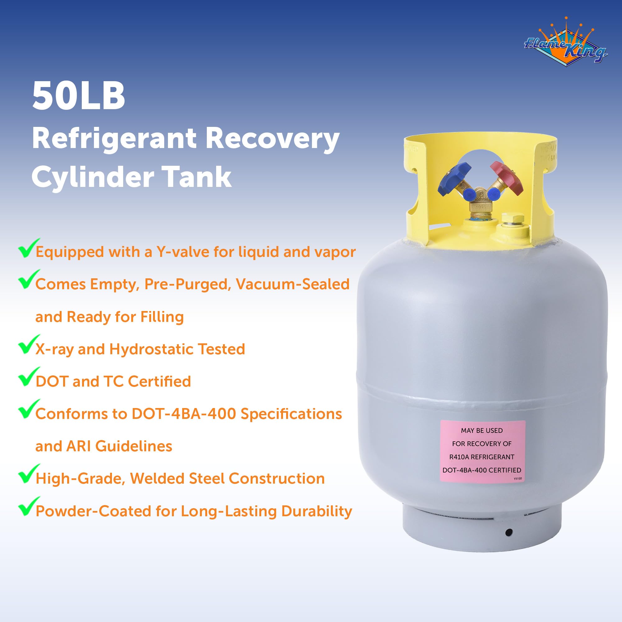50 Pound Flame King YSNR501 Refrigerant Recovery Cylinder Tank, Gray