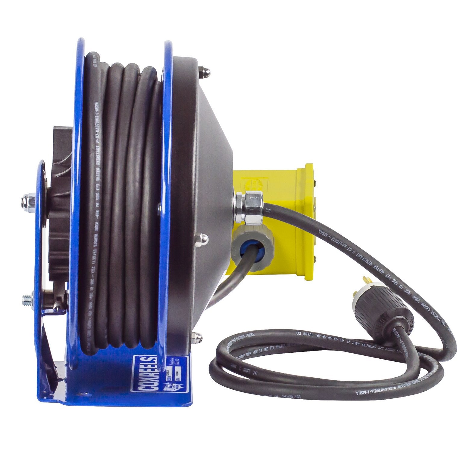 Coxreels PC10-3012-B Power Cord Reel Compact, PC10 Series, 12/3 x 30’ Quad Receptacle 120VAC, Compact Design -Easy-Access Cover and Spring Motor-Heavy-Duty Steel Construction, Made in The USA Blue
