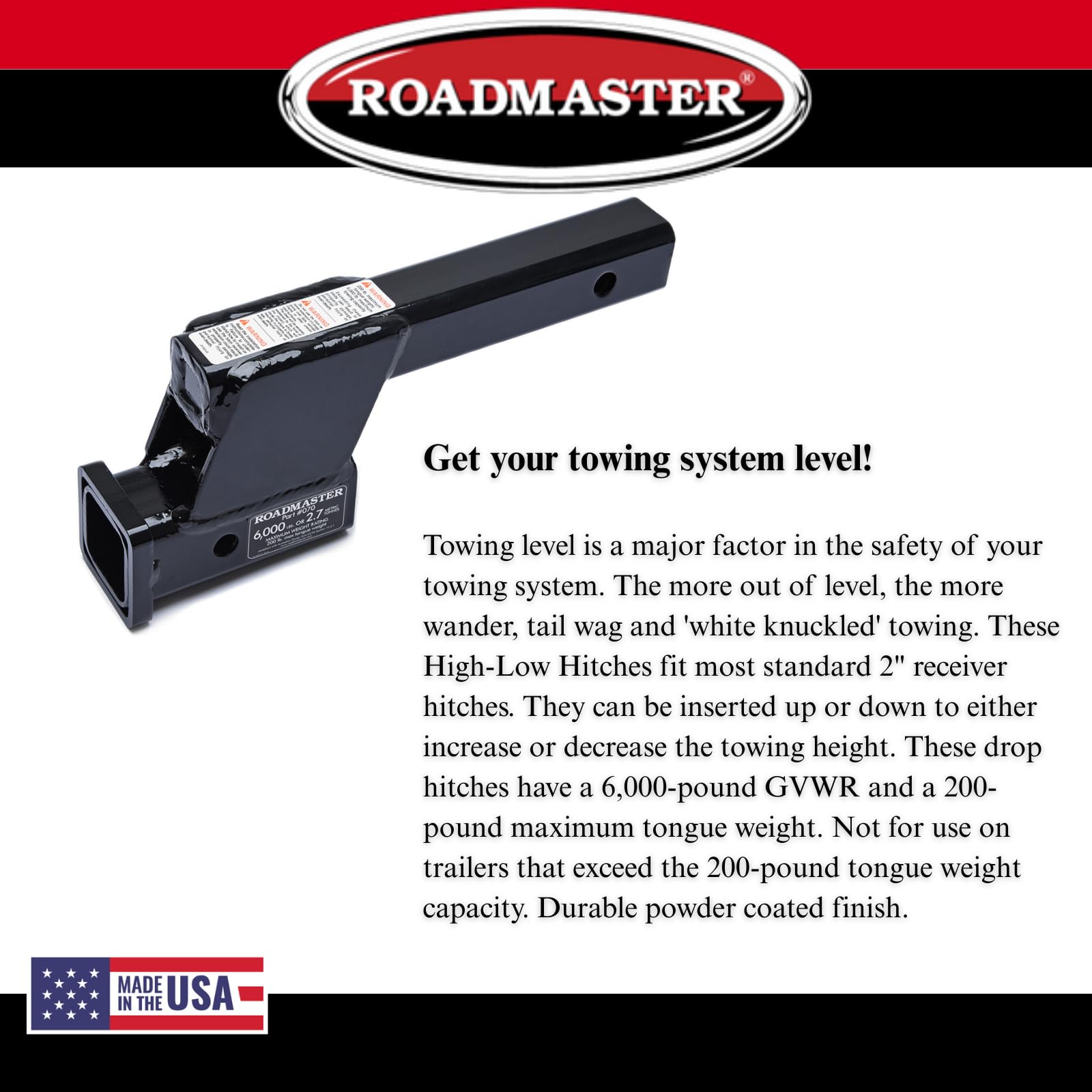 070 Roadmaster Hi-Low Receiver Hitch with 4" Offset fits 2" Receiver Hitch | 6000 lbs Towing Capacity | 200 lbs Max Tongue Weight | Durable Powder Coat Finish | Made in The USA