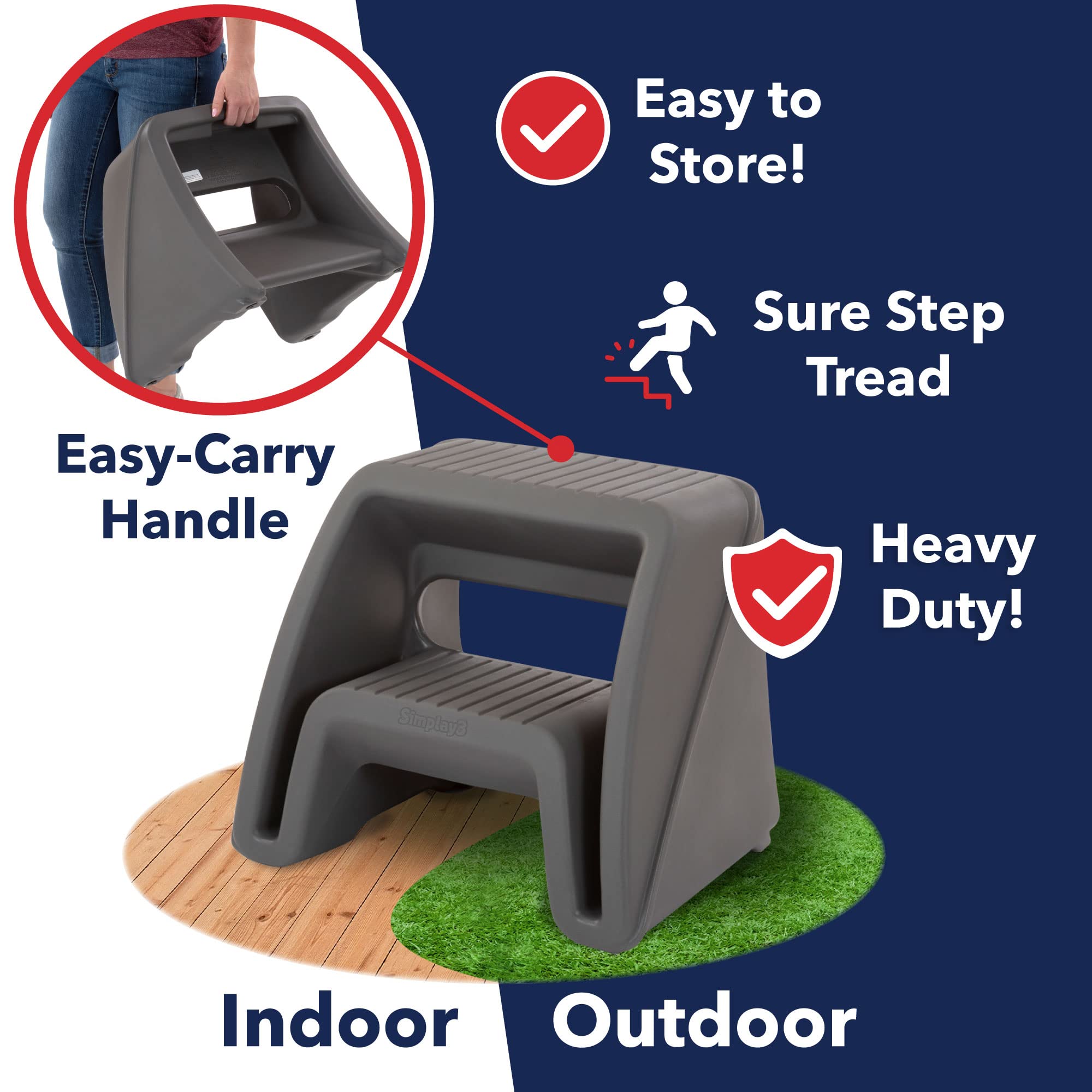 Simplay3 Two-Step Handy Home Step Stool Plastic Seat - Indoor or Outdoor Use - 15.5" x 19" x 16" - Gray, Made in USA