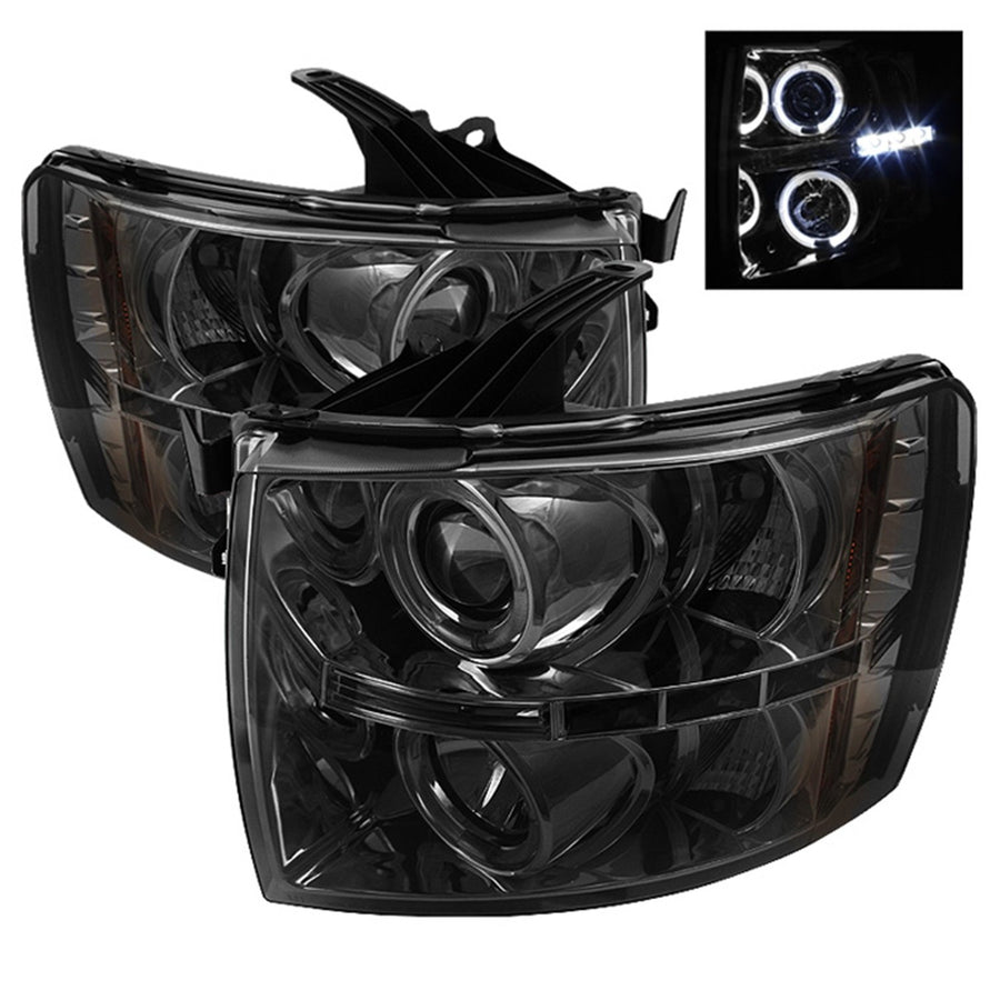 Chevy Silverado 1500 Spyder 5009517 07-13 2500HD/3500HD 07-14 Projector Headlights - LED Halo - LED ( Replaceable LEDs ) - Smoke - High H1 (Included) - Low H1 (Included)