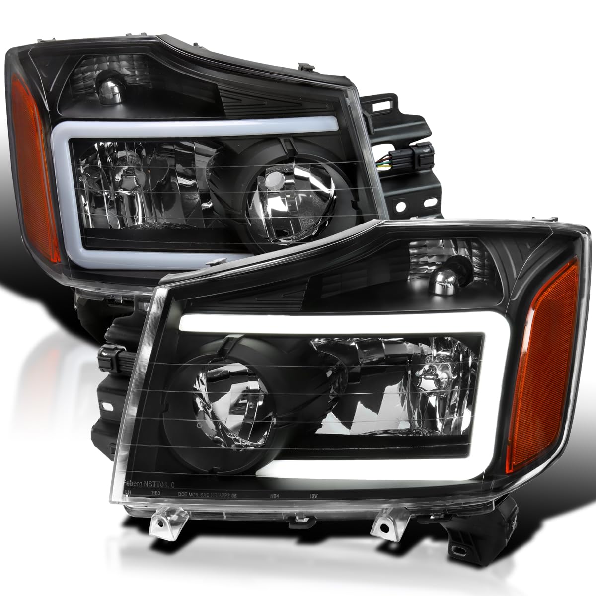Black SPEC-D TUNING Headlights w/LED Light Bar Compatible with 2004-2015 Nissan Titan, 2004-2007 Armada, Left + Right Pair Headlamp Assembly
