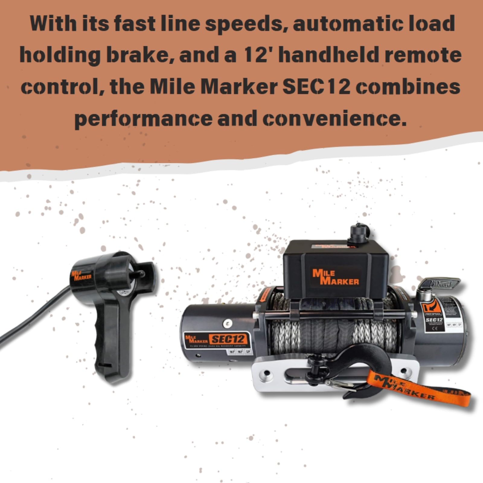 SEC12 Mile Marker 76-53251BW Winch - 12000 lb. Pull Strength - Synthetic Rope & Hawse Fairlead - Built for Tough Terrains - Waterproof - Handheld Remote Controller Included - Withstands Rigorous Use