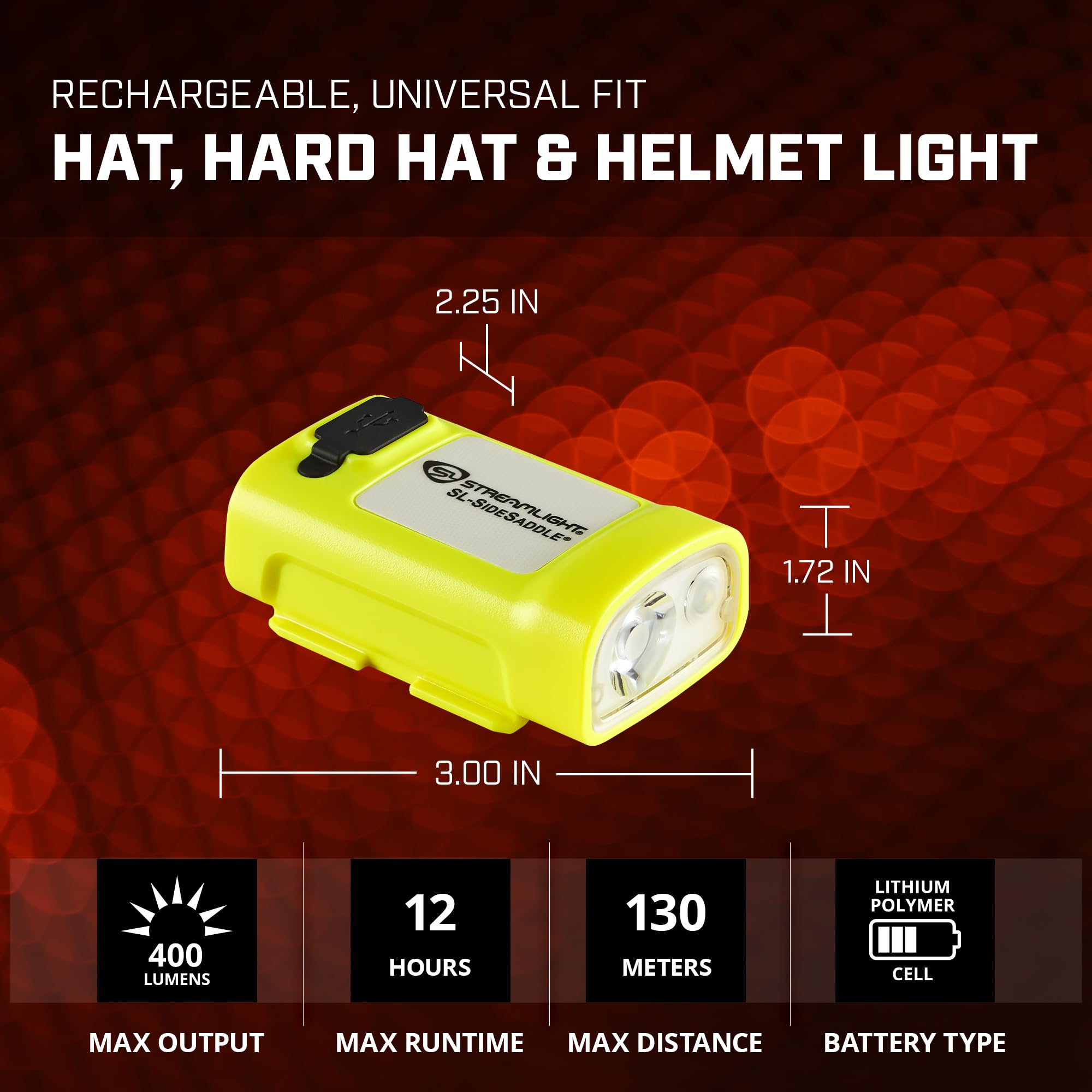 Streamlight 61637 USB Rechargeable SL-Sidesaddle 400-Lumen Hands-Free Hard Hat, Helmet, and Headgear LED Light with Mount, Rechargeable Battery, USB-C Cable, Yellow