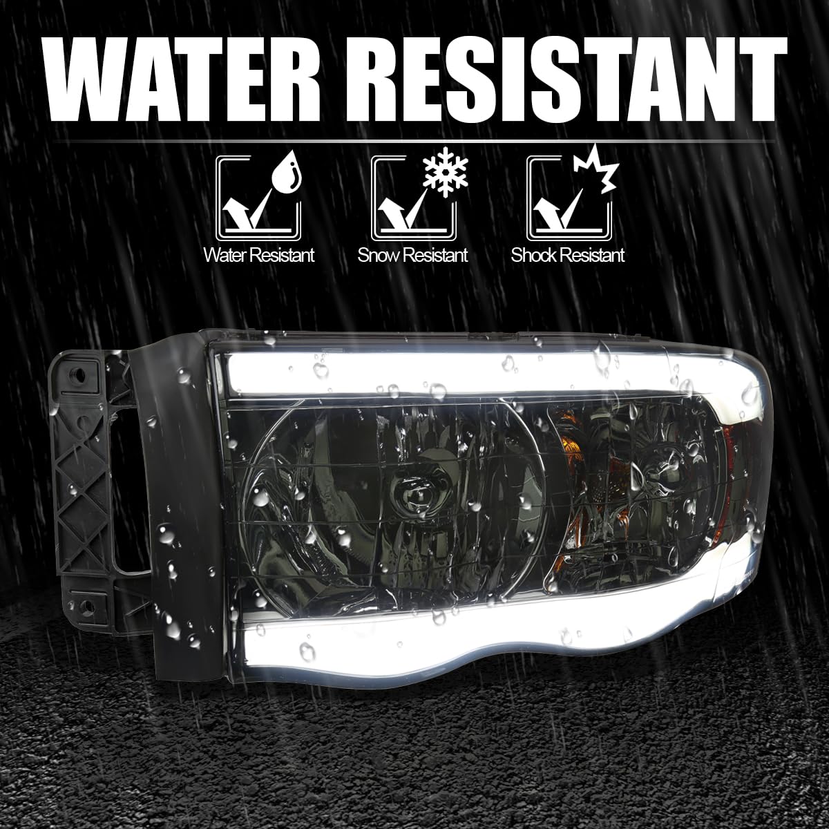 Smoke LED Tube Headlights SPEC-D TUNING Compatible with 2002-2005 Dodge Ram 1500, 2003-2005 Dodge Ram 2500/3500, Left + Right Pair Headlamps Assembly