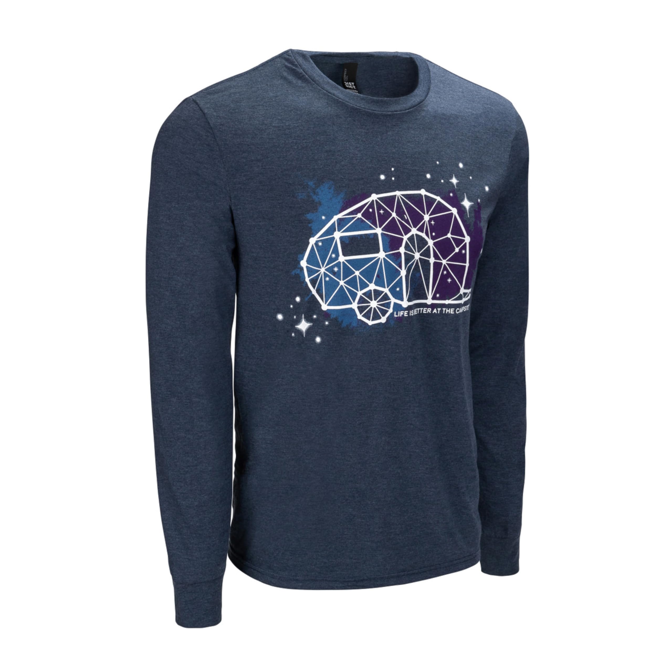 Camco Crew Neck Life is Better at The Campsite Long Sleeve T-Shirt | Features a Soft Tri-Blend Fabric, RV Constellation Design on Frosted Navy, and is Machine Washable | X-Large (53445)