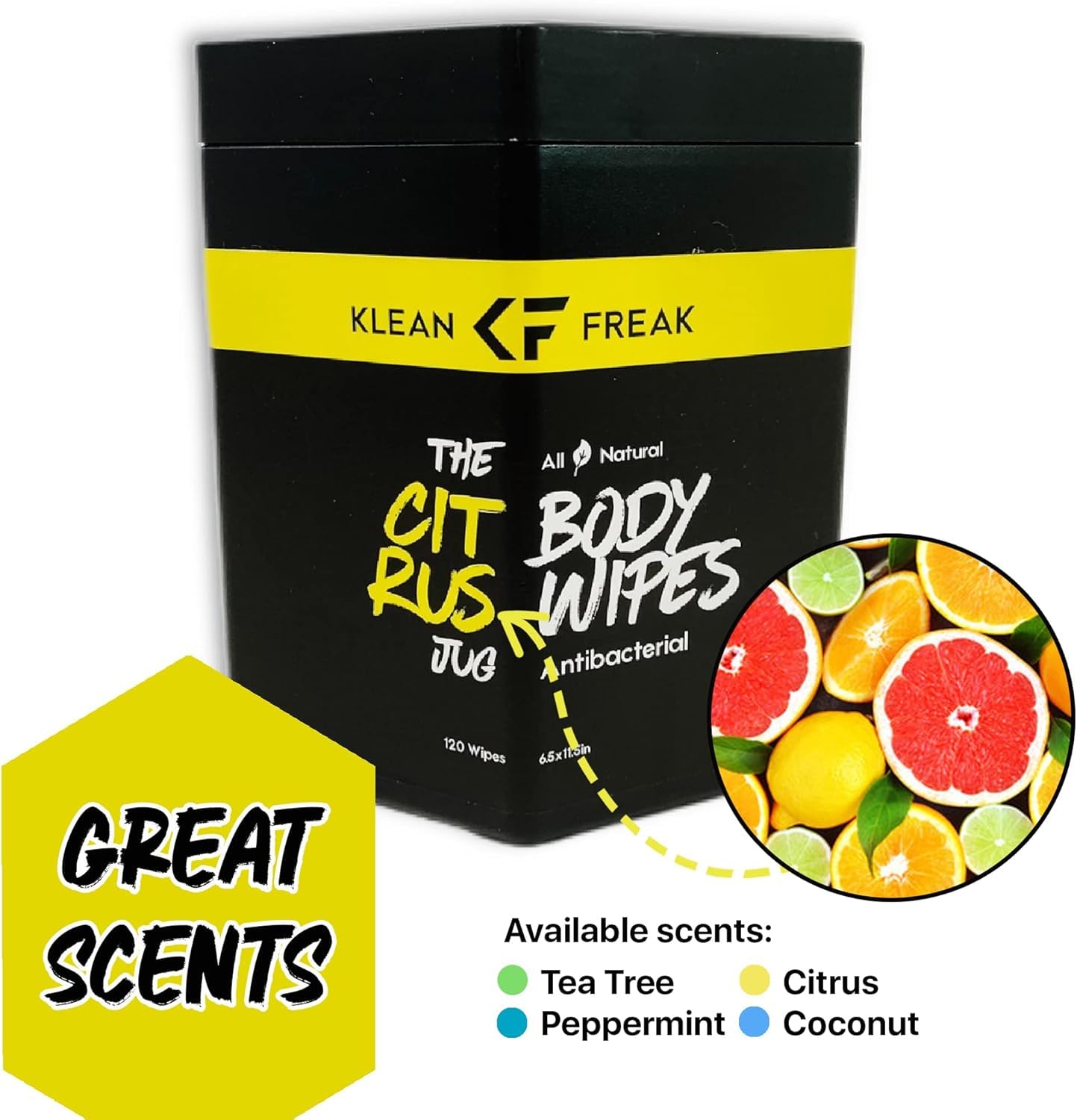 Klean Freak Body Wipes - Wipe Away Sweat and Odor for Face and Body, No Water, Large Textured, Travel, Gym, Camping and More, 120 Cnt Jug (Citrus)