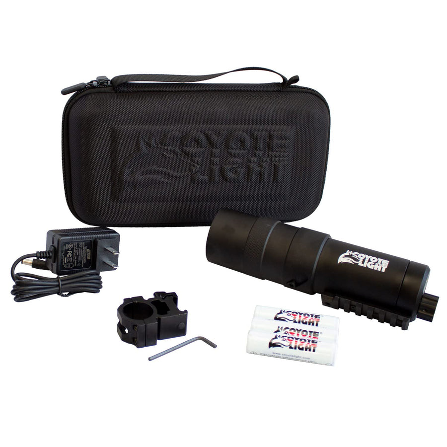 Coyote Light Durable Lightweight Portable Waterproof Fogproof Adjustable Intensity Rechargeable Night Vision Hunting Flashlight, Red LED, Case, 1" Scope Mount & Charger Included
