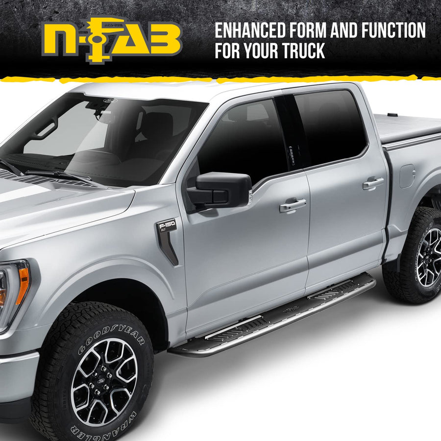 Roan Running Boards RealTruck for Ford F-150/F-250/F-350 | Cab Length, Extra Large 5.5" Step Plate, Textured Black | NBF15CC-TX | Fits 2015-2023 Ford F-150, 2017-2020 F-250/F-350/F-450 Crew & Others