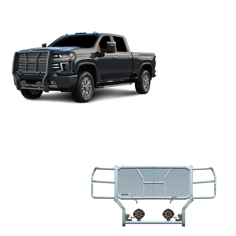 Heavy Duty Black Horse Rugged Grille Brush Bumper Guard Modular Come with Pair of 7.0" Dia.LED Lights with Black Trim Rings Compatible with 2020-2024 Silverado 3500 HD/2500 HD-RU-CHSI30-B-PLB