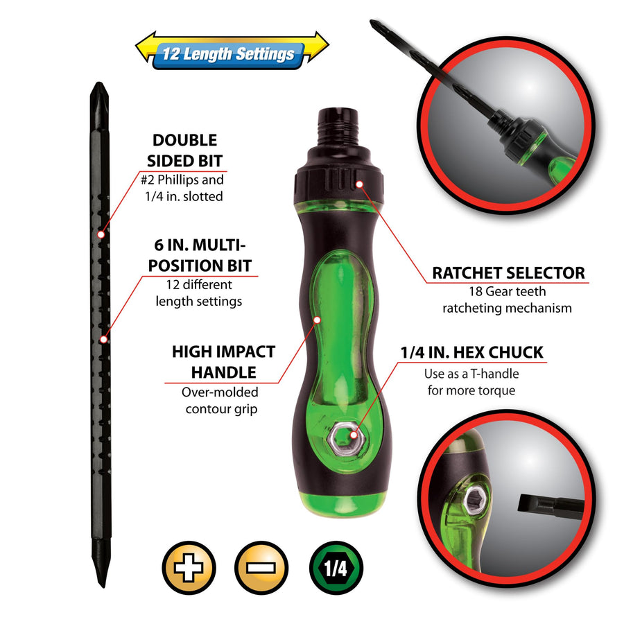 W80037 Performance Tool 2-in-1 Ratcheting Screwdriver - Compact and Versatile Tool for Efficient Screwdriving Jobs