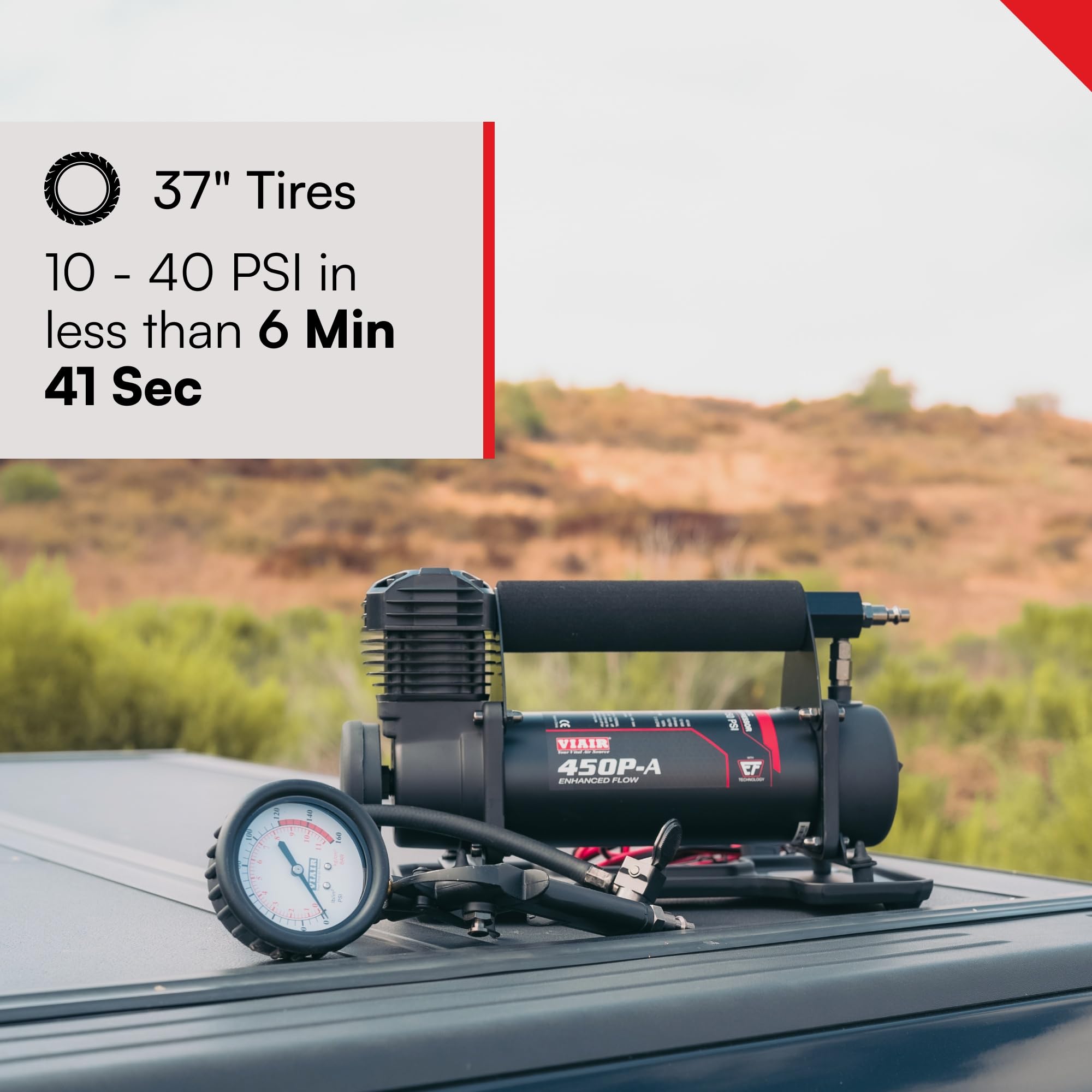 450P-A EF VIAIR Enhanced Flow - 45144 Tire Inflator Portable Air Compressor for Truck & SUV | 100% Duty Cycle @ 100 PSI | 12V Tire Pump Air Compressor | 150 PSI, Any Tire Size (SAE, Alligator Clips)