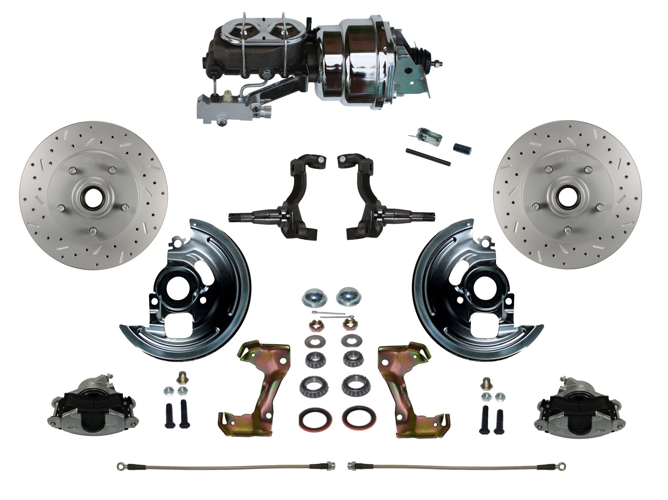 Power Front Disc Brake Conversion Kit LEED BRAKES Cross Drilled And Slotted Rotors With 7" Dual Chrome Booster Cast Iron Chrome Top M/C Disc/Drum Side Mount
