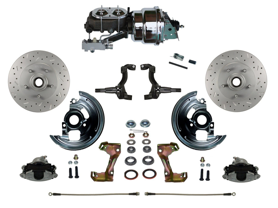 Power Front Disc Brake Conversion Kit LEED BRAKES Cross Drilled And Slotted Rotors With 7" Dual Chrome Booster Cast Iron Chrome Top M/C Disc/Disc Side Mount