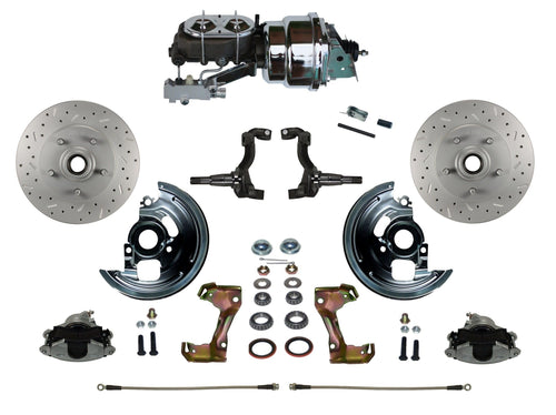 Power Front Disc Brake Conversion Kit LEED BRAKES Cross Drilled And Slotted Rotors With 7" Dual Chrome Booster Cast Iron Chrome Top M/C Disc/Disc Side Mount